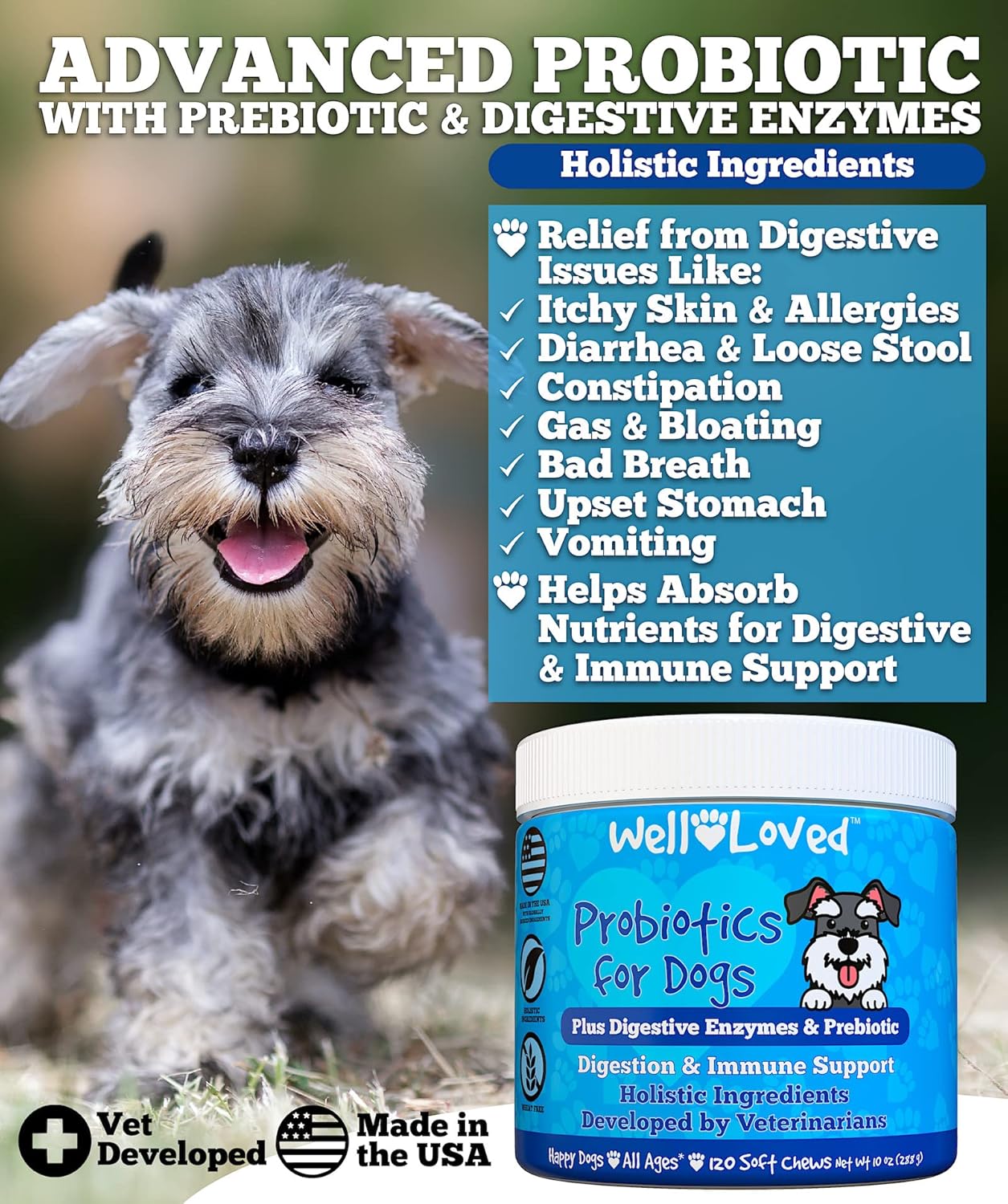 Probiotics for Dogs, Dog Probiotics, Made in USA, Vet Developed for Gut Health, Yeast Balance, Itchy Skin, Diarrhea & Gas Relief, Chews with Prebiotic & Digestive Enzymes, Digestive Support