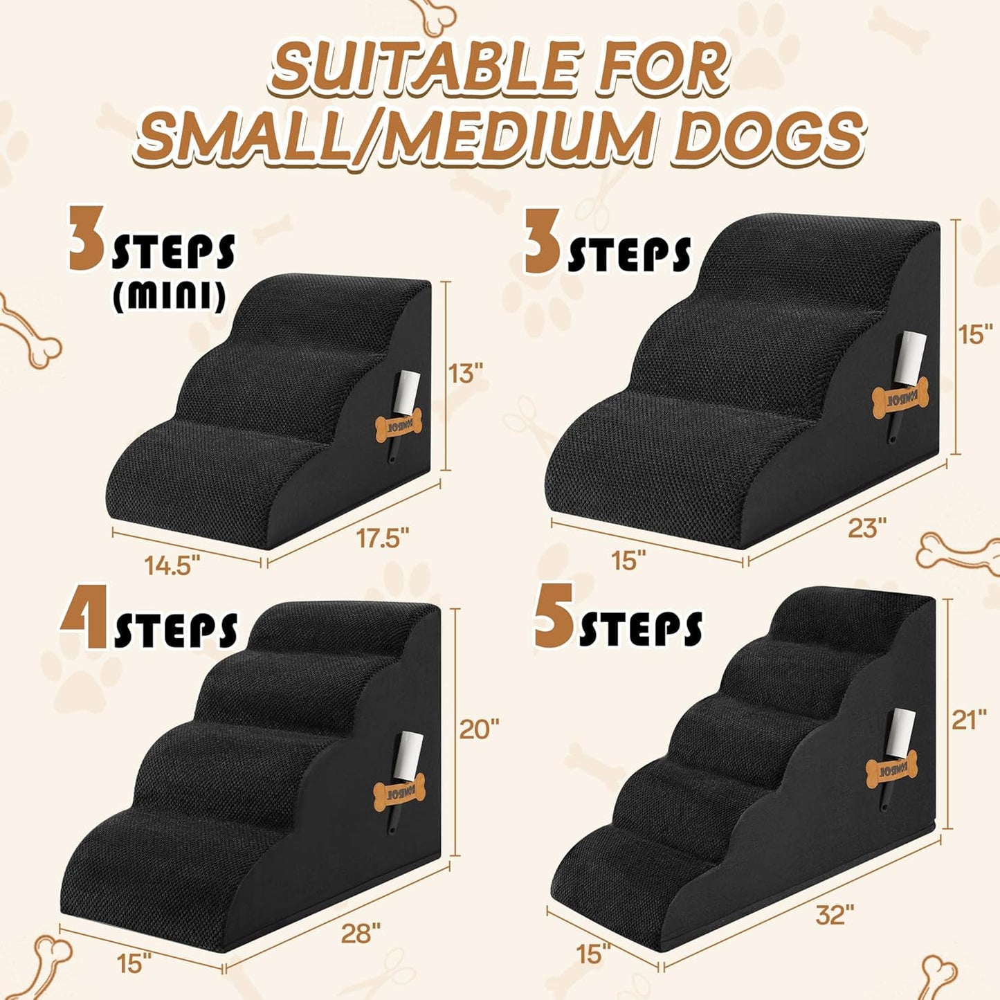 Dog Stairs, Romrol Dog Steps Ramp for High Bed and Couch, Dogs Ramp with Durable Non-Slip Waterproof Fabric Cover, Pet Stairs for Small Dogs and Cats or Pets Joints, 4-TiersBlack