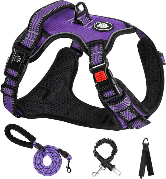 NESTROAD No Pull Dog Harness,Adjustable Oxford Dog Vest Harness with Leash,Reflective No-Choke Pet Harness with Easy Control Soft Handle for Large Dogs(Large,Purple)
