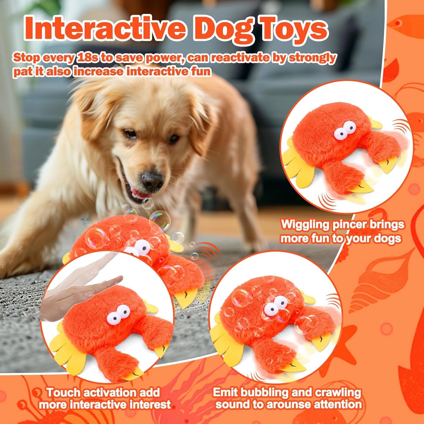 Interactive Dog Toys, Crab Dog Toy that Wiggle Pinchers, Dog Toys to Keep Them Busy, Touch Activated Dog Toys for Small / Medium / Large Puppy Enrichment, Rechargeable Pet Toys Plush, Squeaky Dog Toys