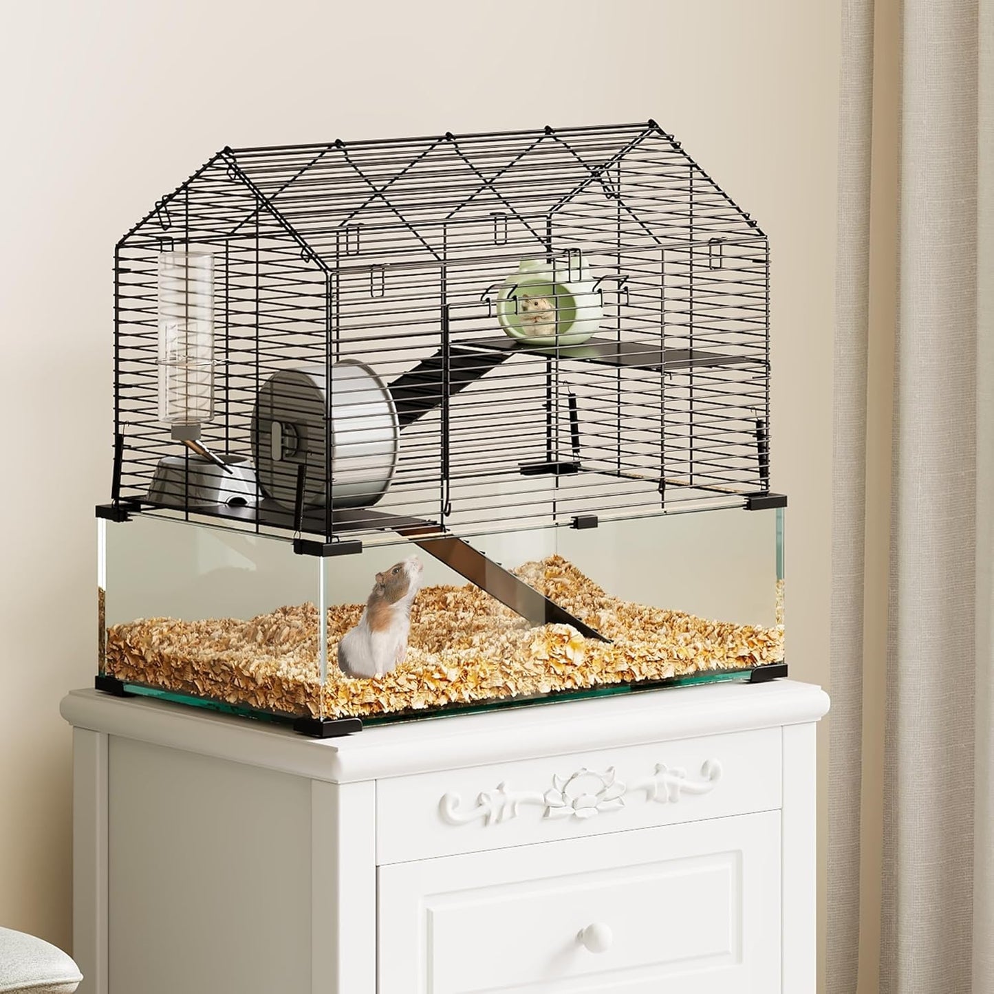 Large Hamster Cage with 7" Deep Tempered Glass Bottom, 3 Tiers Big Hamster Tank with Running Wheel, Hut, Water Bottle, Dish, Rat Cages for Syrian, Dwarf, Gerbils, Mouse, 22.83" x 15" x 21.25"