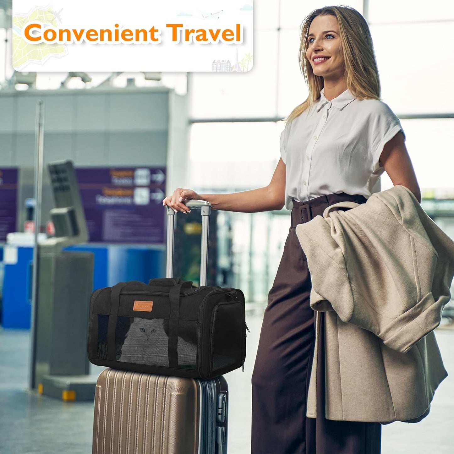 PETUX TSA Approved Pet Carrier in Cabin, 17"x11"x9.5" Soft Cat Carriers for Small Cat up to 12 lb and Puppy up to 10 lb, Top Open Portable Pet Carrier Airline Approved for Travel and Vet Visit (Black)