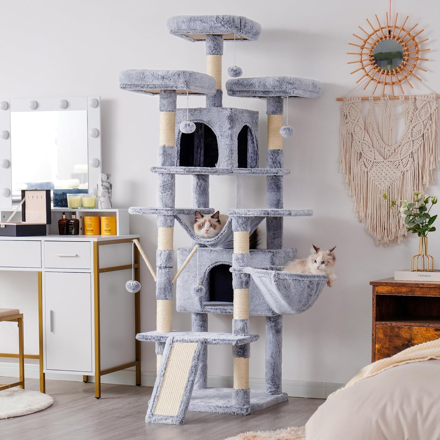 Hey-brother Cat Tree, 71 inches XL Large Cat Tower for Indoor Cats, Multi-Level Cat House with 3 Padded Perches, Big Scratcher, Cozy Basket, 2 Cat Condos and Scratching Posts,Pewter MPJ034PE