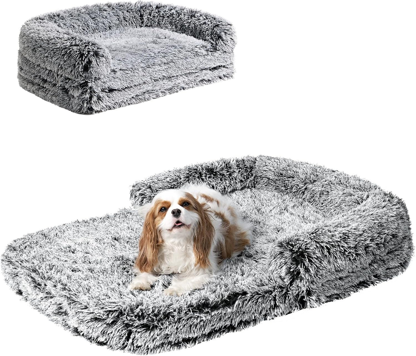 EHEYCIGA Foldable Dog Bed, Faux Fur Fluffy Dog Couch Bed, Orthopedic Calming Memory Foam Pet Bed for Small Dogs, Washable Soft Warm Pet Sofa Bed with Non-Slip Bottom, Faded Black, 40"x30"x6"
