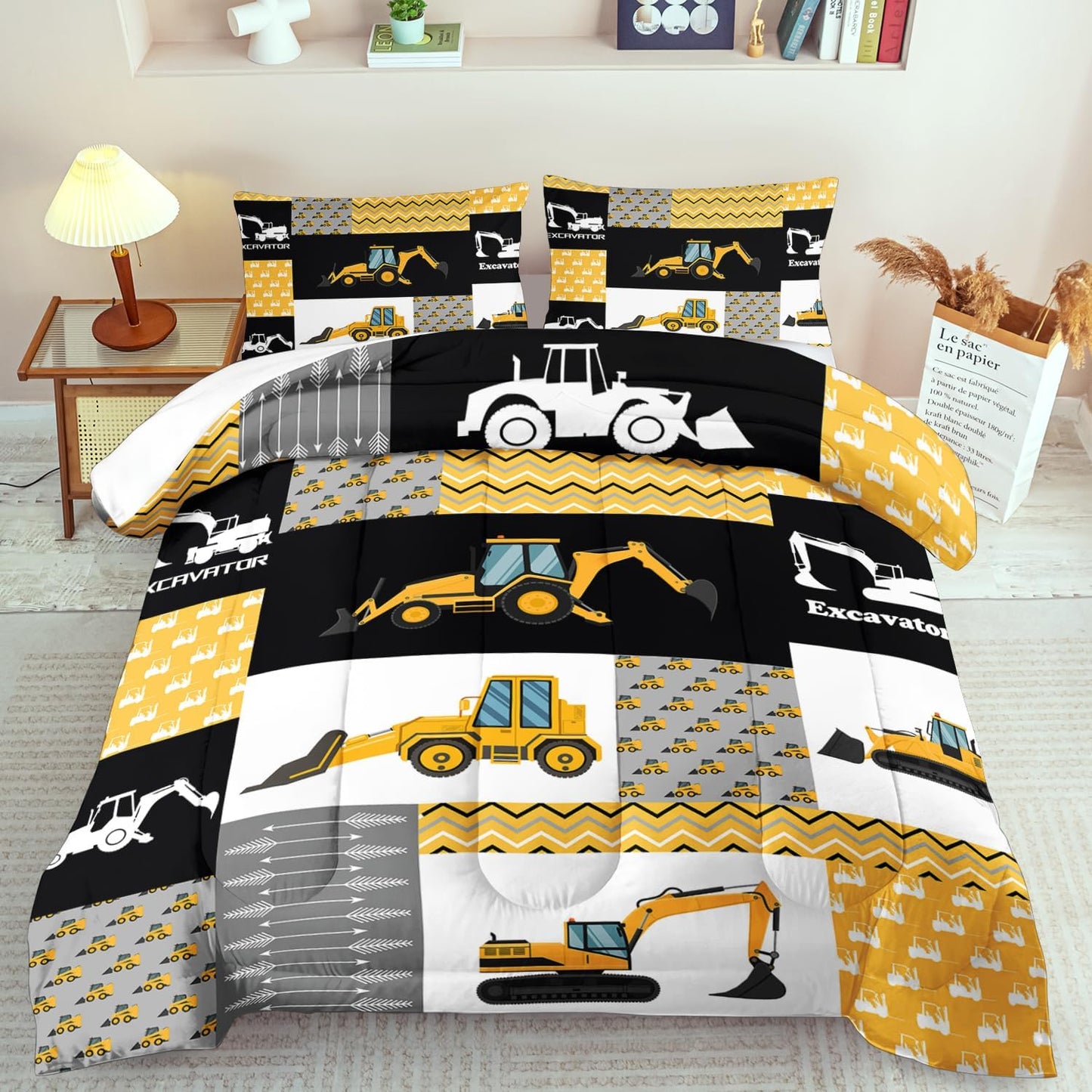 Construction Comforter Set Twin Boys,Yellow Twin Construction Bedding Set,Engineering Vehicles Comforter Yellow Bedroom Decor Kids,Truck Quilt Cartoon Truck Bedding for Teen