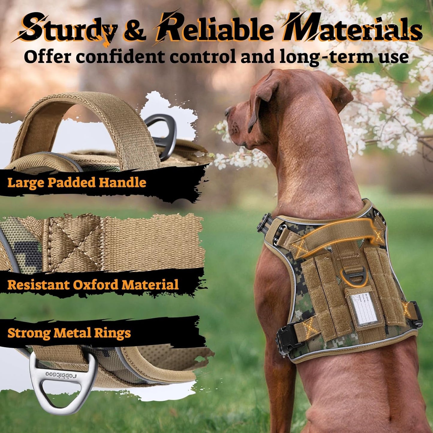 rabbitgoo Dog Harness Medium Sized No Pull, Tactical Service Pet Vest with Molle and Control Handle, Adjustable and Reflective Military Harness for Easy Walking and Training, Brown camo, M
