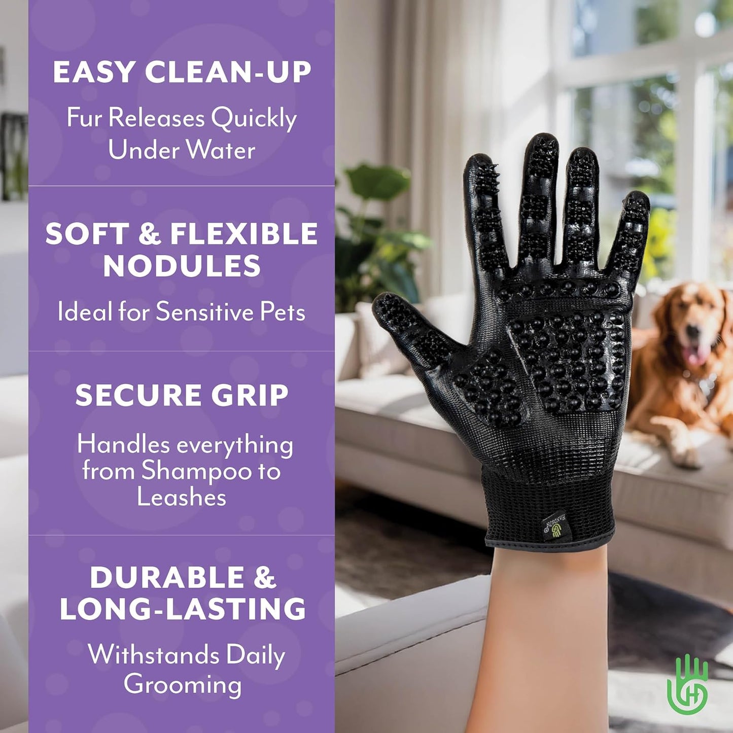 H Handson Pet Grooming Gloves - Cat, Dog, Horse Gentle Hair Remover Brush - Mitt For Long & Short Haired Fur - Shedding, Bathing & Massaging Glove (Purple, Small)