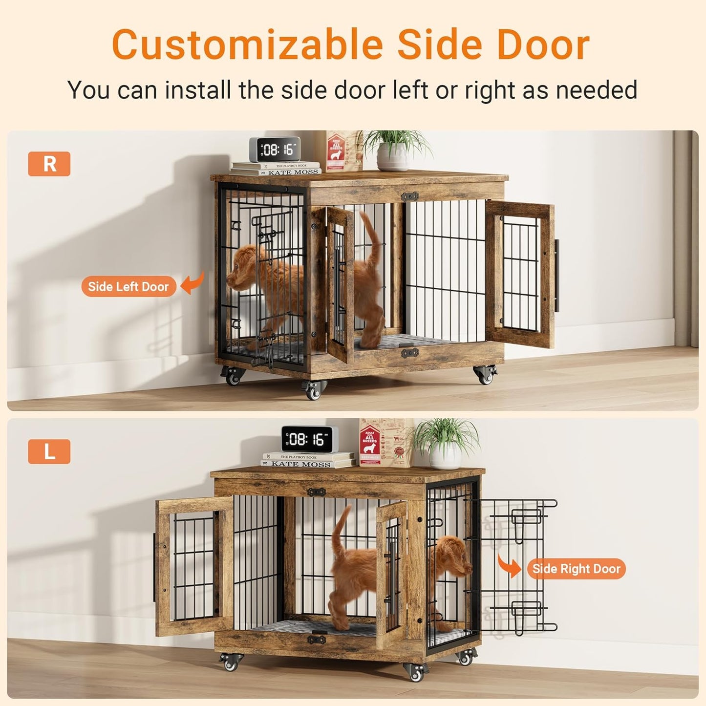 Lulive Small Dog Crate Furniture, Dog Kennel Indoor Double Doors Wooden Dog Cage, 27.1'' Heavy Duty Dog Crate with Cushion & Wheels, Decorative End Table Pet House Chew-Resistant for Small Dogs, Brown