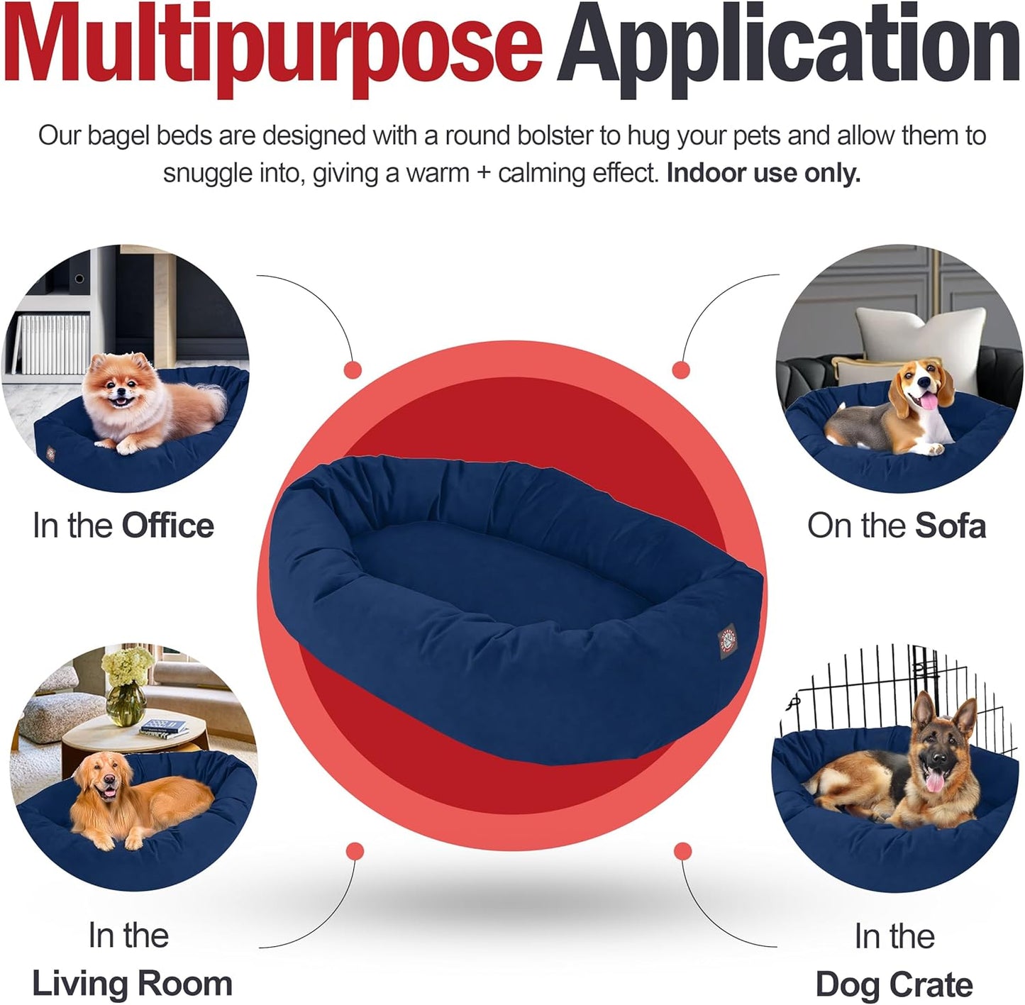 Majestic Pet 40 Inch Suede Shredded Memory Foam Mix Calming Large Dog Bed Washable 40 x 29 x 9 (Inch) - Cozy Soft Round Donut Dog Bed with Spine for Head Support - Pet Bed Navy
