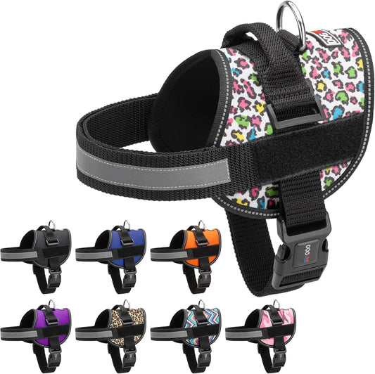 Dogline Dog Harness, Reflective No-Pull Adjustable Vest with Handle for Walking, Training, Breathable, No - Choke Harness for Small, Medium or Large Dogs Room for Patches Leopard Rainbow XS 15"-18"