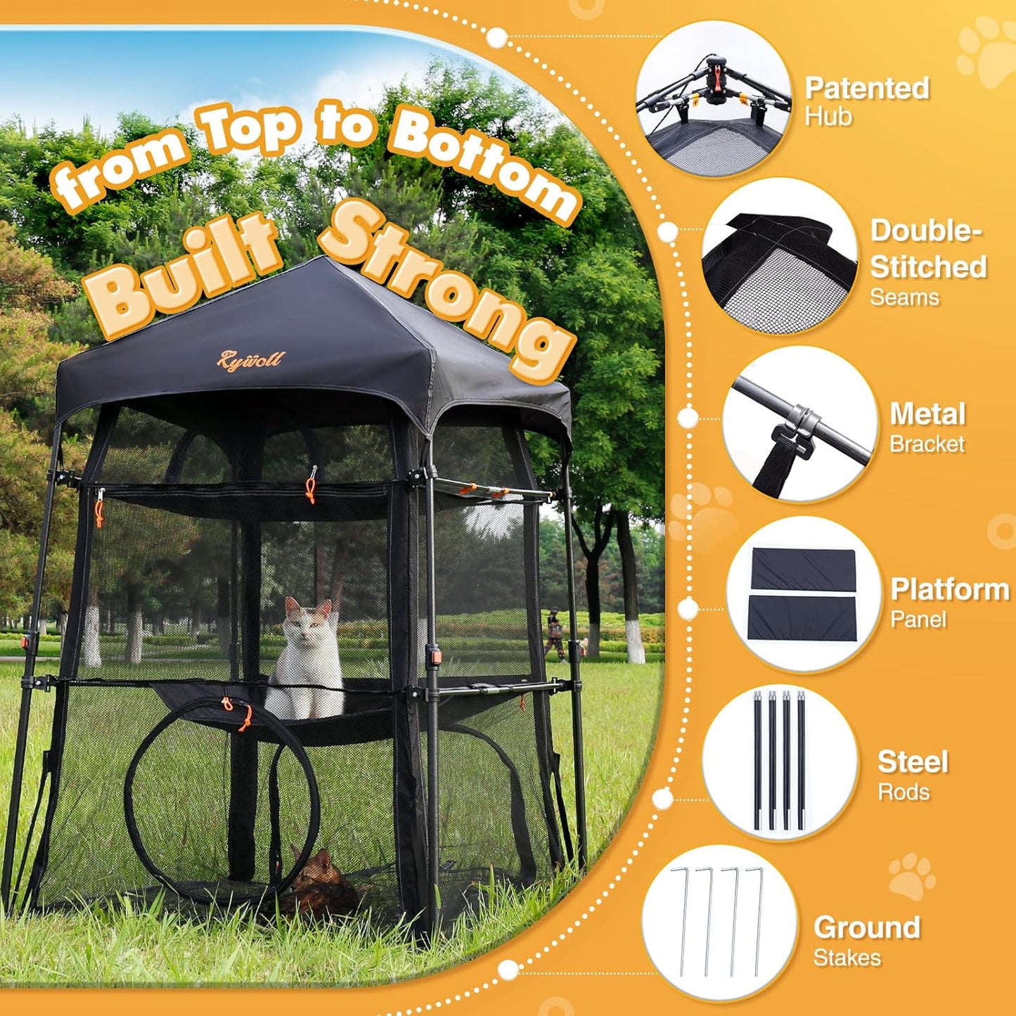 Extra Large Catio Outdoor Cat Enclosure, Rywell 3-Tier Spacious Outdoor Cat Tent, Weatherproof&Sunproof with 5 Windows, Foldable Cat Enclosure for Patio, Camping, Indoor(Includes Carry Bag)