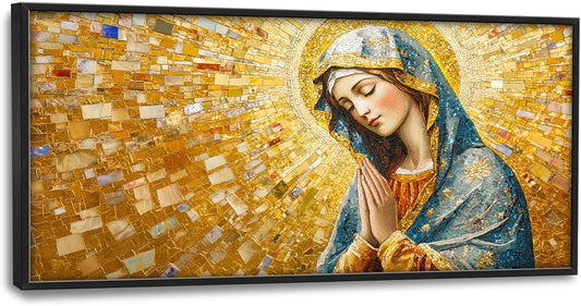 Extra Large Virgin Mary Framed Wall Art for Living Room,Oversized Golden Christian Religious Pictures Wall Decor,Canvas Print Painting Modern Artwork Bedroom Office Bathroom 60L" x 30W"