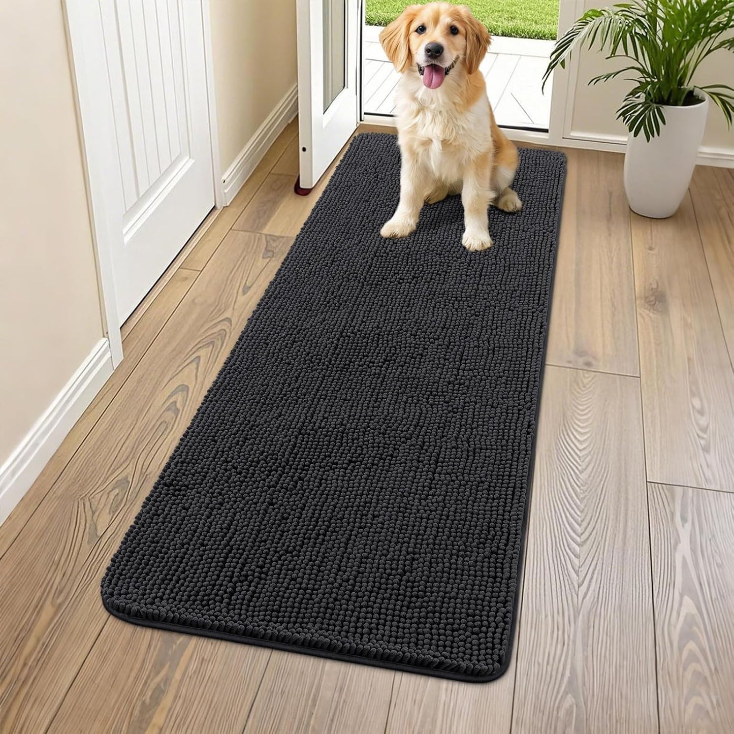 Smiry Dog Door Mat for Muddy Paws 59x24, Absorbs Moisture and Dirt Doormat, Non-Slip Washable Quick Dry Chenille Front Door Mat Indoor Entrance, Entryway Carpet for Inside Floor, Black