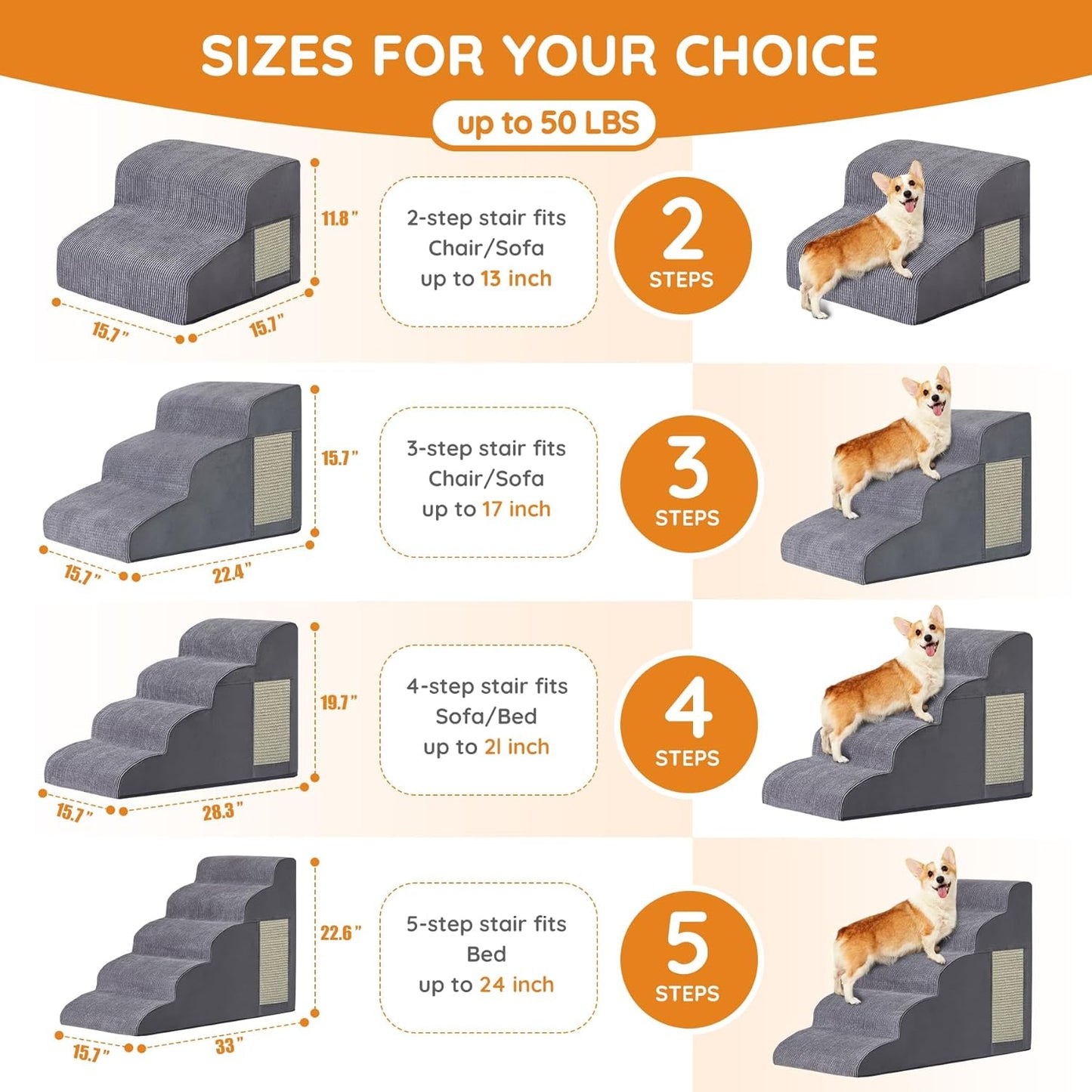 Dog Stairs for Small Dogs, 4-Step Dog Ramp for Bed 19.7" H, Dogs Steps for Bed, Couch, Pet Stairs with Non-Slip Bottom Design, Cat Scratching, High Density Foam Portable Pet Steps, Indoor, Grey