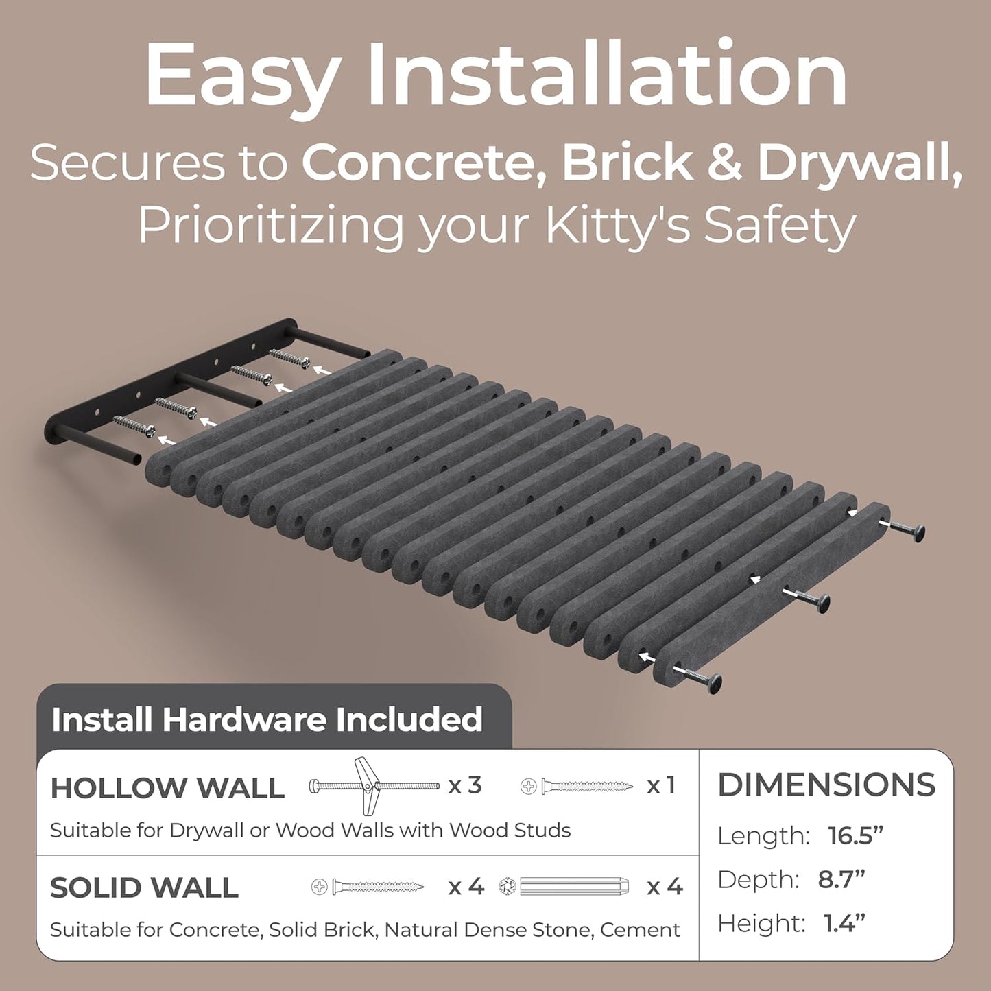 Wall Mounted Cat Perch Long Shelf by Pryde Pets - Floating Hammock Bed, 100% Sustainable PET Felt Feline Enrichment Climber Furniture for Indoor Cats, Modern Climbing Gym Jungle Design (Charcoal)