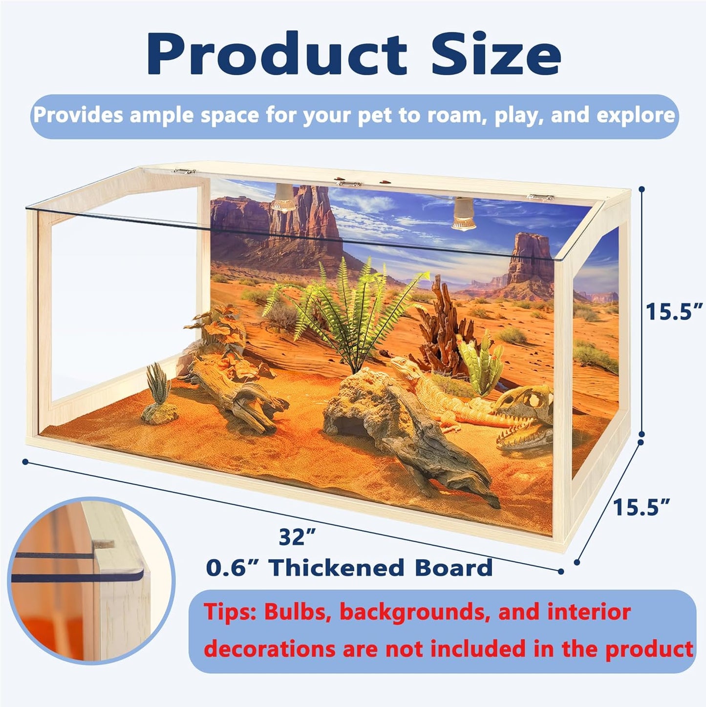 Prolee Reptile Terrarium, Lizard Tank Up to 68 Gallons, Bearded Dragon Tank with Roof Door, Snake Tank with Built-in Lamp Fixture and Switch (28 Gallon, 32" Long, Openable Acrylic Roof)