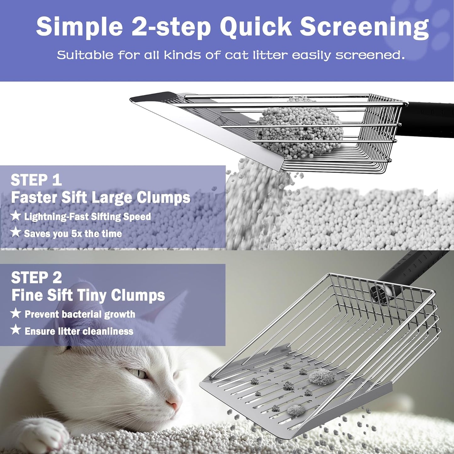 metal Cat Litter Scooper Kit - Durable large steel litter scoop with Dual Grid, Includes Broom & Dustpan for Quick, Easy Cleaning