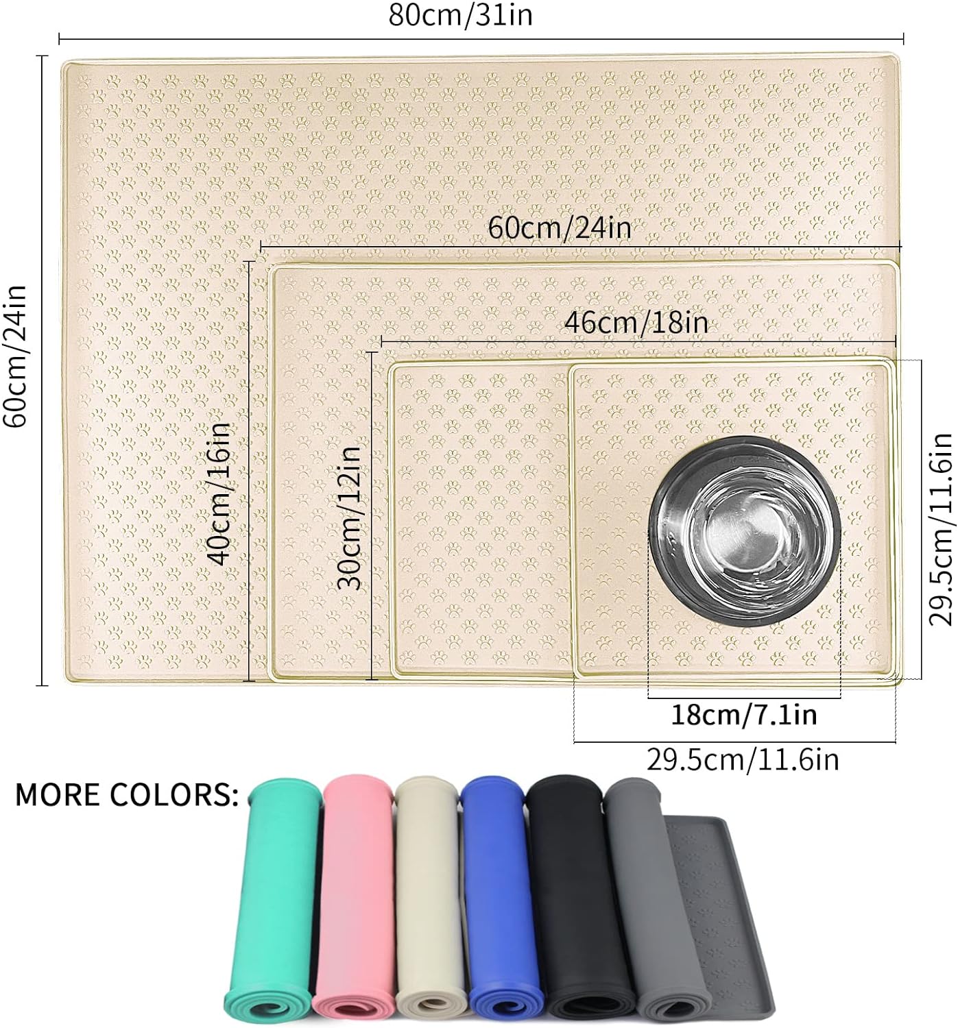 Ptlom Silicone Pet Placemat for Dog and Cat, Waterproof Non-Slip Pet Feeding Bowl Mats for Food and Water, Small Medium Large Tray Mat Prevent Residues from Spilling to Floor, Beige, 18" 12"