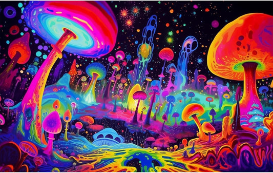 Fantasy Mushrooms Aquarium Background Abstract Mysterious Mushroom Landscape Terrarium Background Amazing Rainbow Mushrooms Theme Fish Tank Backdrop Poster Wallpaper Decorations Vinyl 72x16in