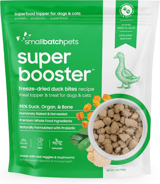 smallbatch Freeze Dried Dog Treats, Superfood Food Topper Duck Bites for Dogs & Cats, Probiotics, Organic Ingredients, High Protein, Grain Free Healthy Treat or Food Topper, Made in The USA, 7 oz Bag