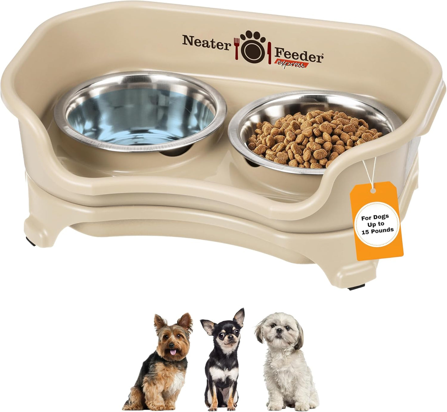 Neater Feeder Express Mess Proof Dog Bowls Elevated for Small Breeds Under 15 Lb, Made in USA, No Spill Raised Dog Food Bowl Stand, Stainless Steel Food and Water Bowl Set, Feeding Station, Almond