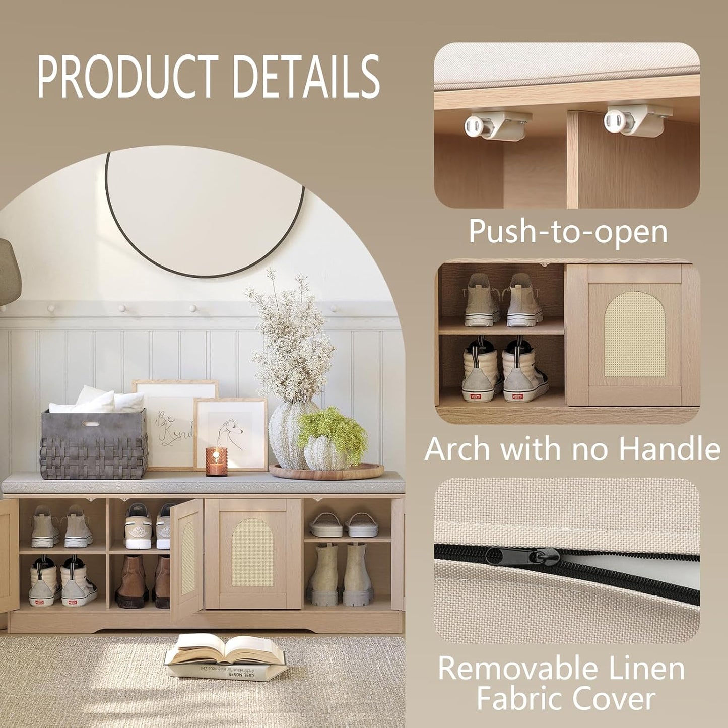 DINZI LVJ Shoe Bench, Entryway Storage Bench with Doors, Cushion, 2-Tier Shoe Rack with 8-Cubby, 47.2”L x 13.8”W Shoe Organizer Cabinet, Adjustable Shelf, Living Room, Bedroom, Natural with Rattan