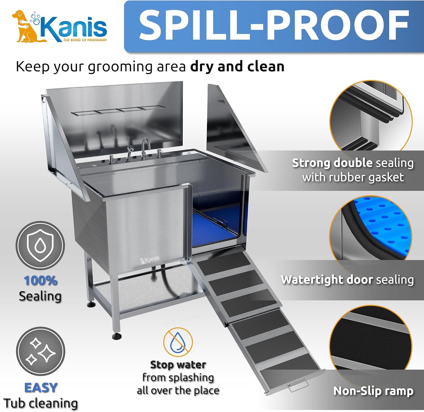 KANIS Professional Dog Washing Station - 304 Stainless Steel Pet Wash Sink & Grooming Bath Tub for Home with Ramp, Shower, Floor Grate, Storage Shelf, Faucet, Drain Kit for Large, Medium & Small Pets