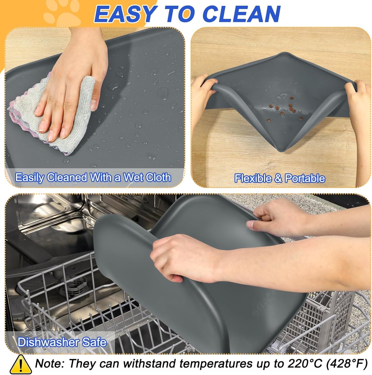 Silicone Pet Feeding Mat with Raised Edge for Food and Water, Dog Bowl Mats, Cat Bowls Placemat with High Lip for Floor Waterproof, Rubber Tray for Cats and Dogs 19 x 12 x 0.7 Dark Grey