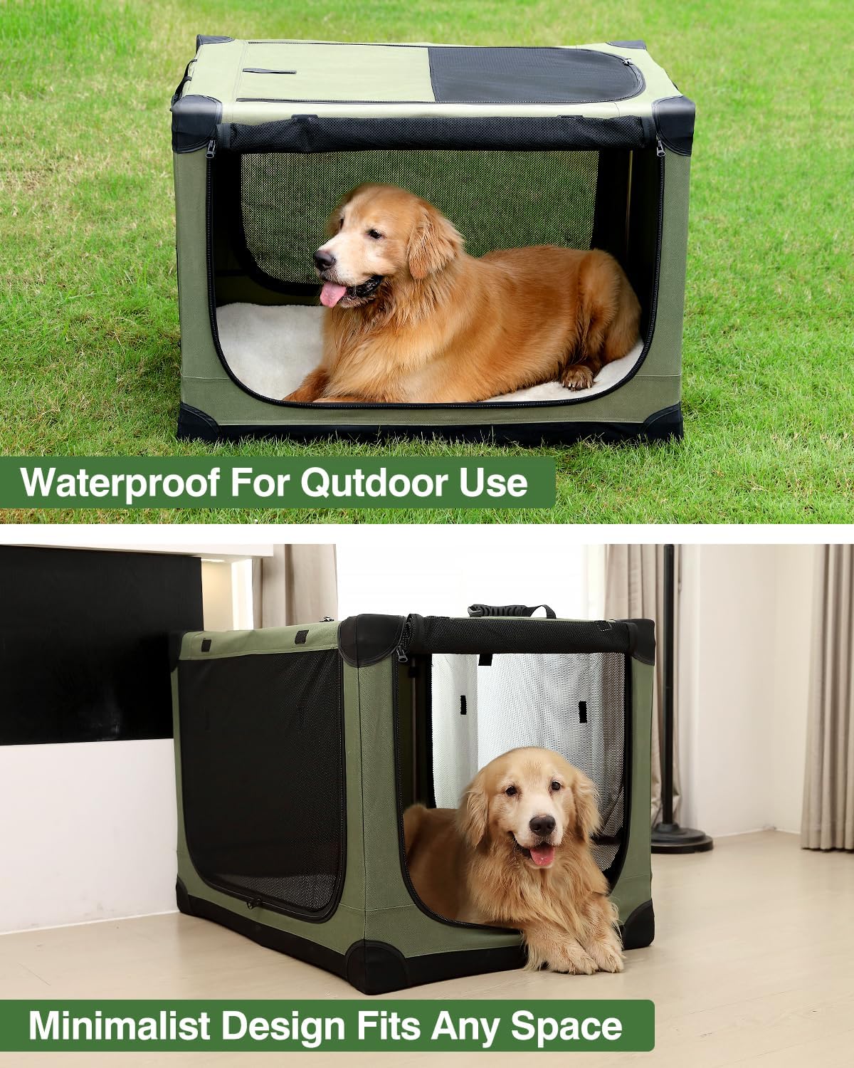 42 Inch Collapsible Travel Dog Crate for Medium Large Dogs, Portable Dog Crate 4-Door Foldable Soft Kennel with Durable Mesh Windows for Indoor & Outdoor Travel, with Storage Bag,Green