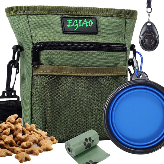 Dog Treat Pouch with Collapsible Dog Bowl, Training Clicker and Poop Bags, Treat Pouches for Pet Training, Magnetic Closure, Built-in Poop Bag Dispenser, Waist Belt Clip, Puppy Treat Bag - Green
