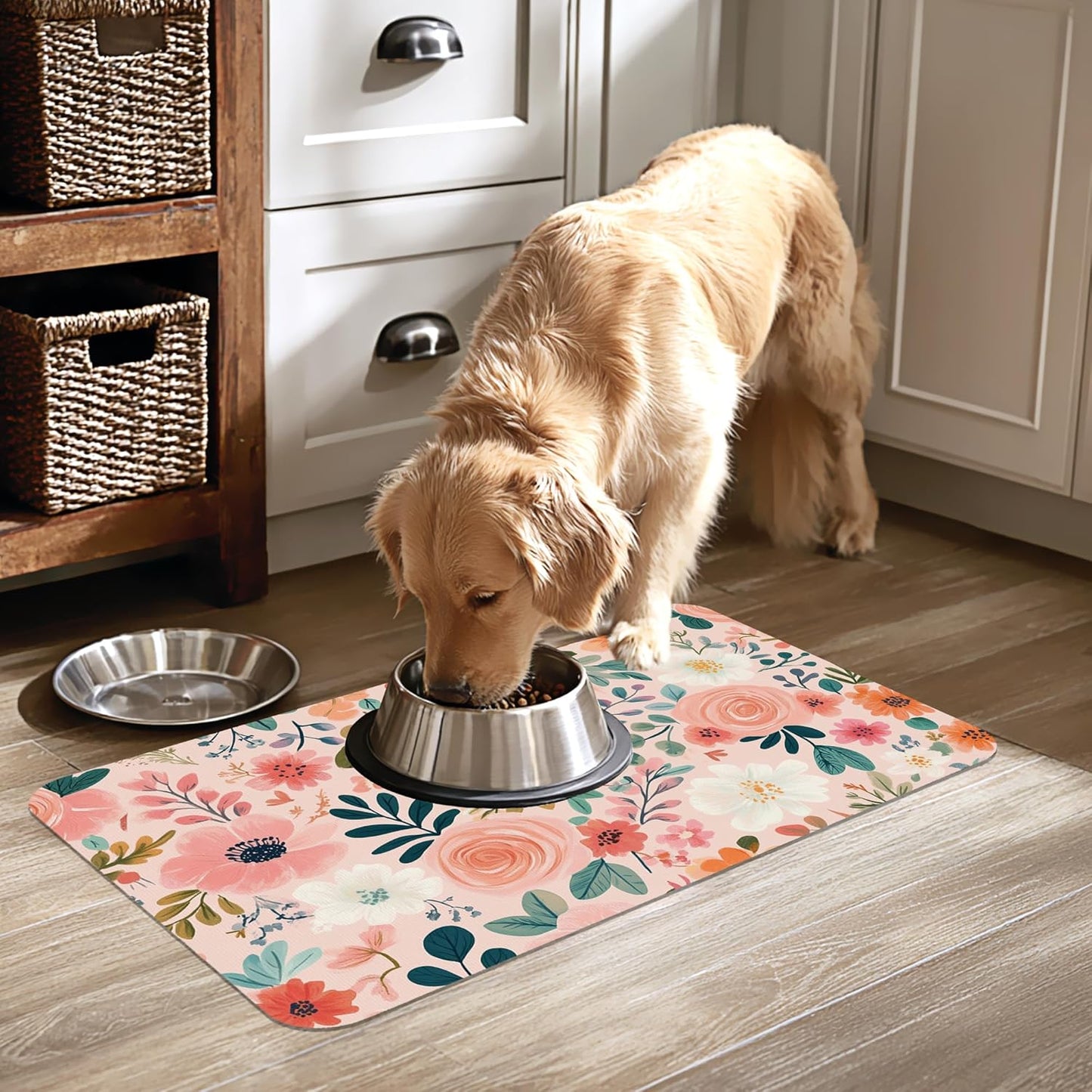 Boho Floral Pet Feeding Mat for Floors-Absorbent Dog Bowl Mat for Food and Water, Quick Dry Pet Cat Feeding Mats with Non Slip Bottom, Mess-Free Dog Accessories 16"x24"