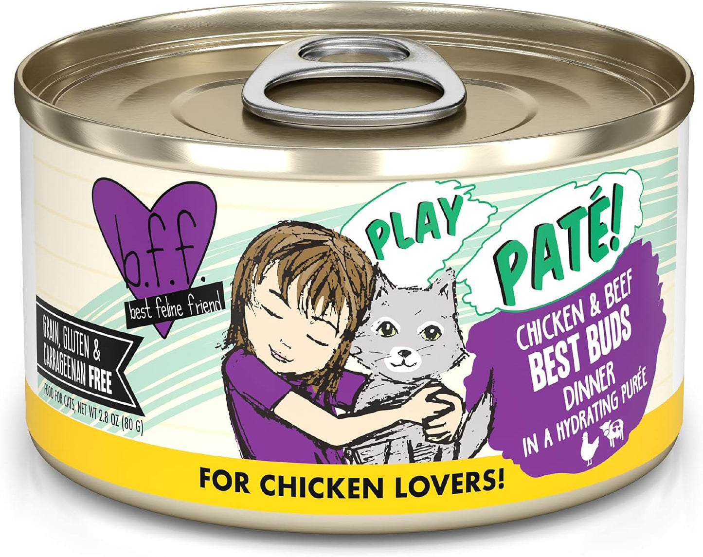 Weruva B.F.F. Play - Best Feline Friend Paté Lovers, Aw Yeah!, Chicken & Beef Best Buds with Chicken & Beef, 2.8oz Can (Pack of 12)