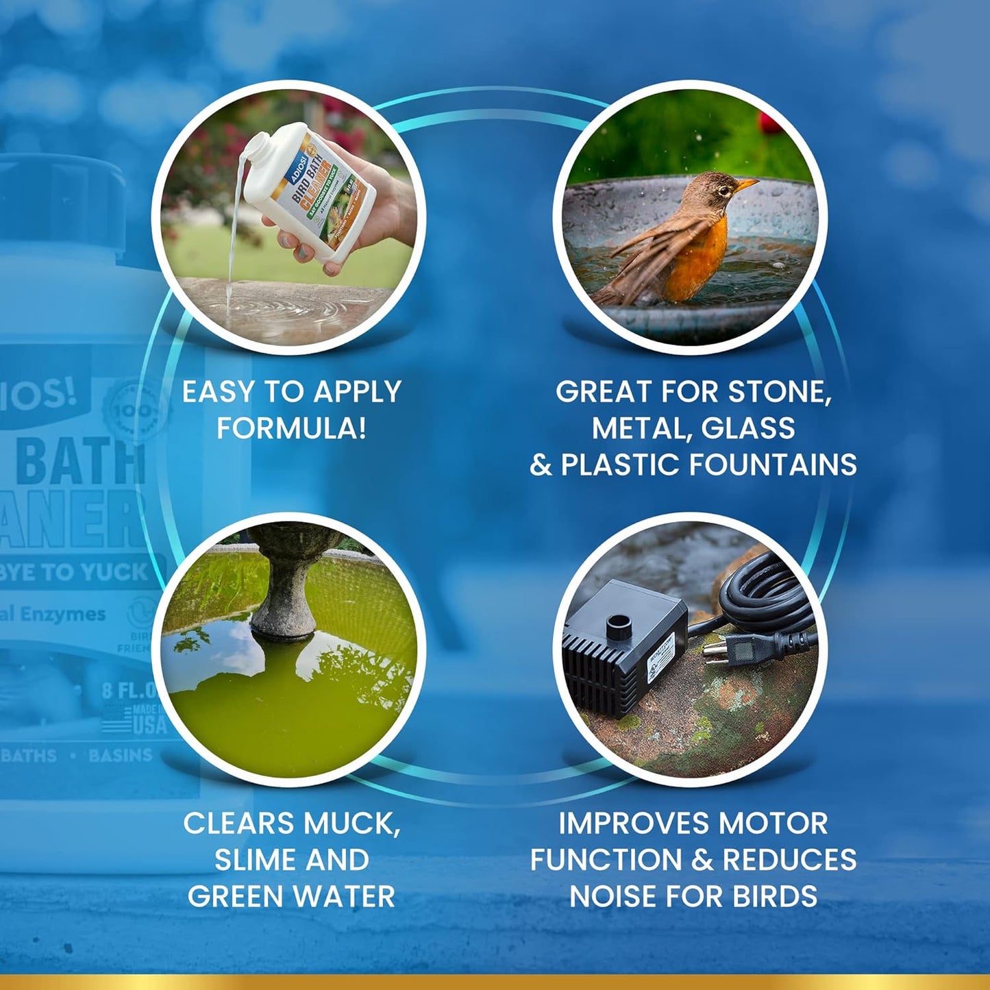 Bird Bath Cleaner for Outdoor Fountains and Bowls, Safely Cleans Metal, Glass and Stone (8oz)