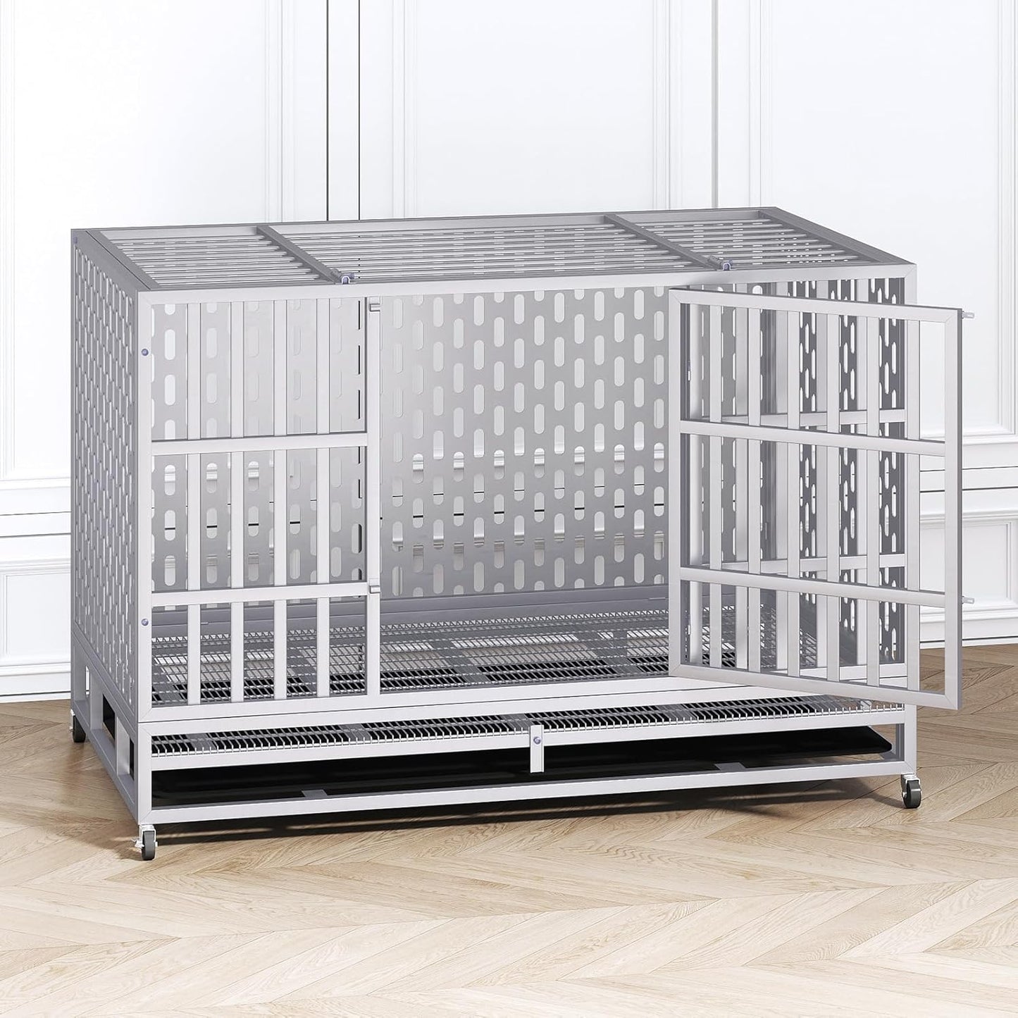 48 Inch Heavy Duty Indestructible Dog Crate Steel Escape Proof, Indoor Double Door High Anxiety Cage, Kennel with Wheels, Removable Tray,Silver,Extra Large XL XXL