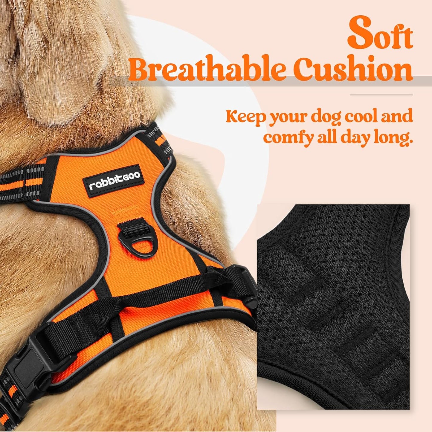rabbitgoo Dog Harness No Pull with 2 Leash Clips, Adjustable Soft Padded, Reflective Oxford No Choke Pet Vest with Easy Control Handle for Large Dogs,Orange,L