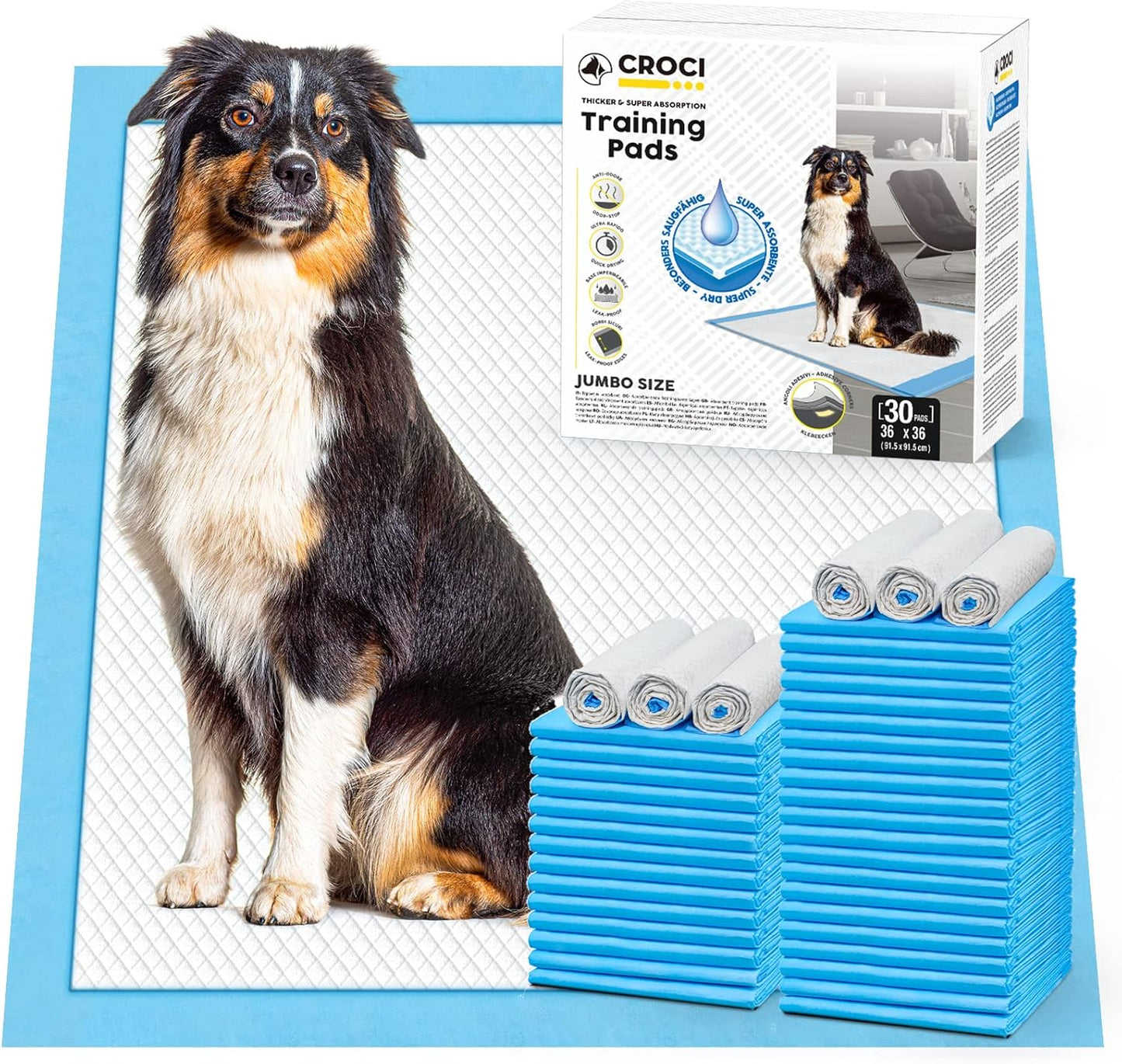 CROCI Dog Pee Pads 36x36in Extra Large, Wee Wee Pads for Dogs Super Absorbent Up to 10 Cups, Disposable (30 Counts)