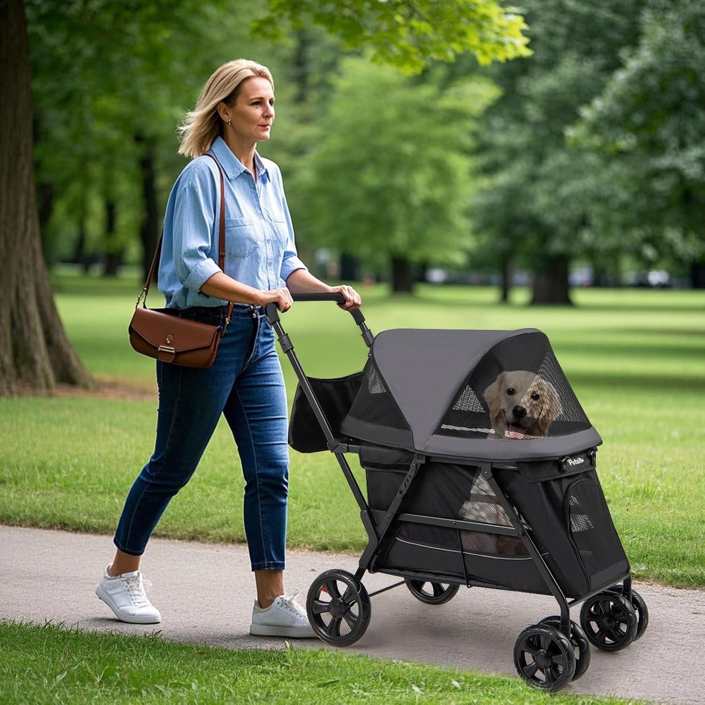 PETSITE 4 Wheels Dog Stroller, Foldable Cat Stroller with Dual Entries, Ramp, Mesh Windows, Adjustable and Detachable Canopy, and All-Terrain Wheels with Brake, Ideal for Small Medium Dogs