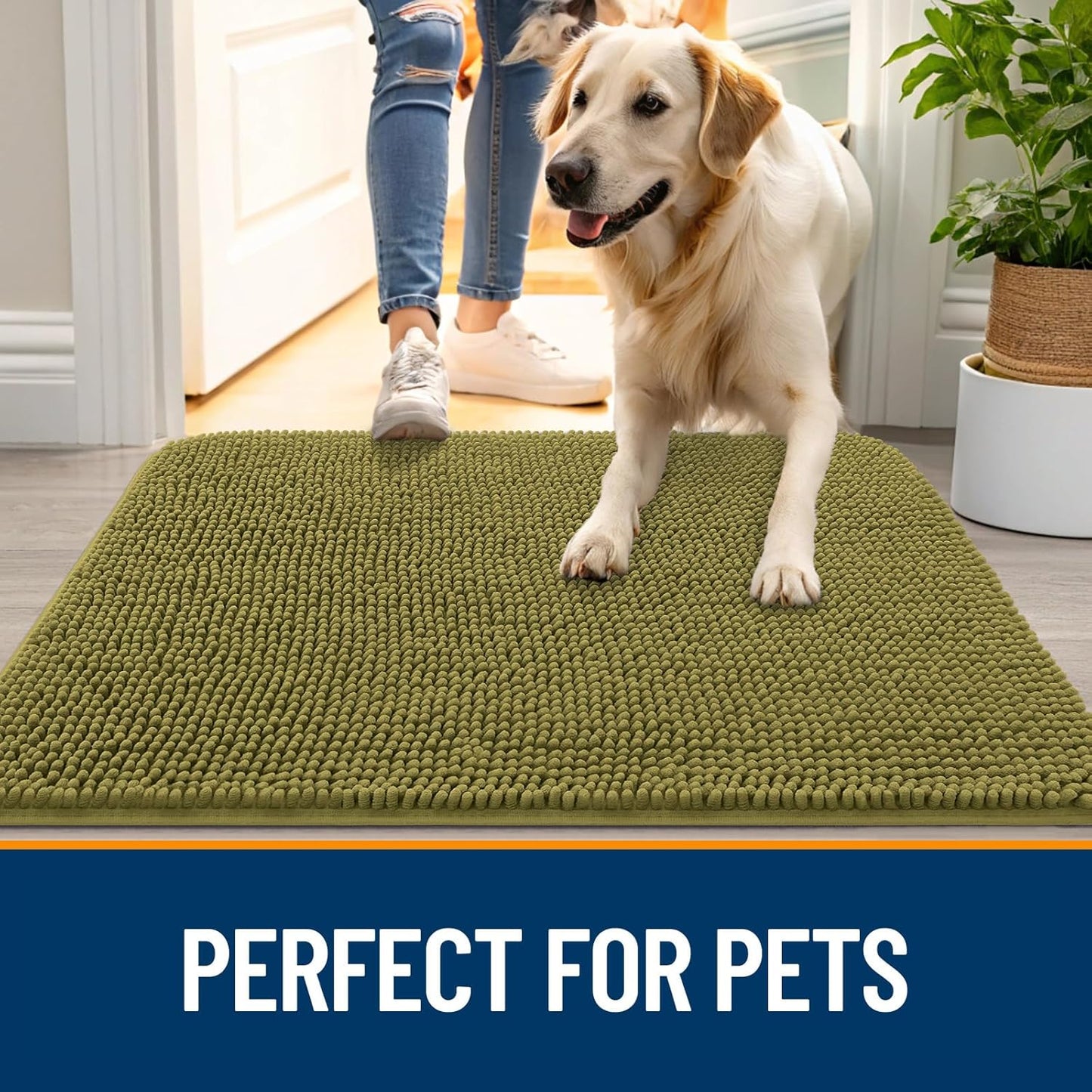 OLANLY Dog Door Mat for Muddy Paws 30x20, Absorbs Moisture and Dirt, Absorbent Non-Slip Washable Doormat, Quick Dry Chenille Mud Mat, Entry Indoor Entryway Carpet for Inside Floor, Willow Green