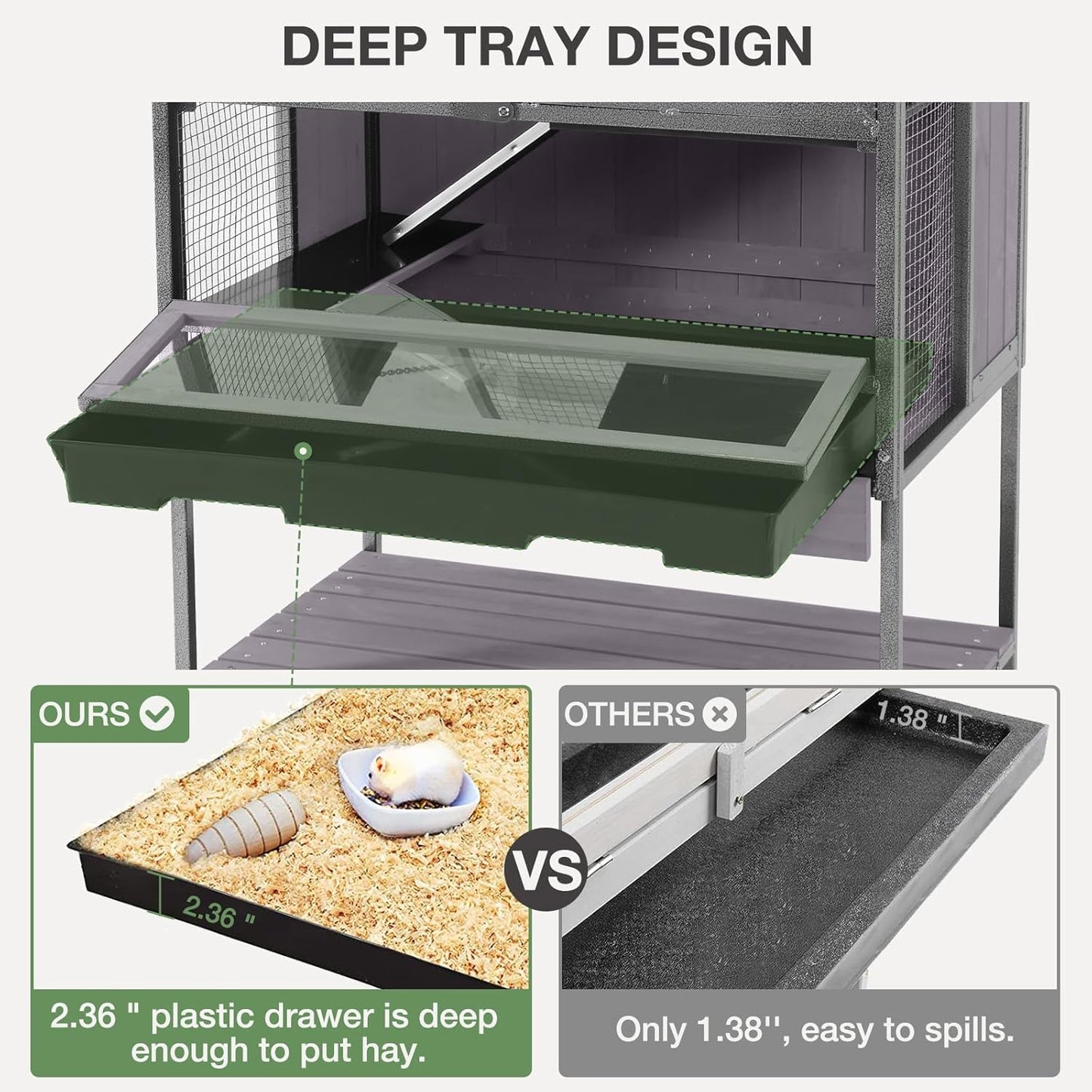 Guinea Pig Cage, Moveable Metal Frame Hamster Cage Anti-Chewing with Aluminium Alloy Edge, Hideouts, Ramps, Seesaws Chewing Toy, Deeper Pull-Out Leakproof Tray for Indoor Outdoor(Grey