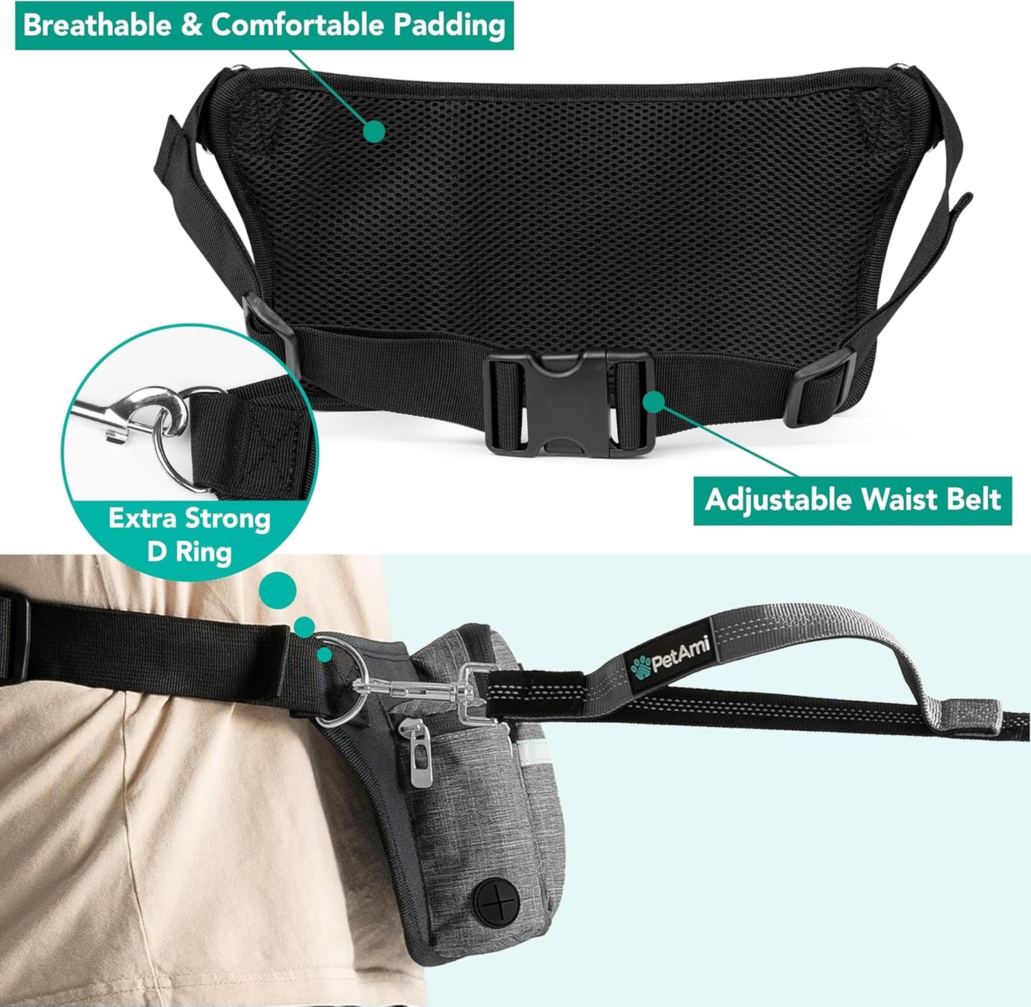 PetAmi Premium Hands Free Dog Leash for 2 Dogs, Adjustable Waist Belt Leash for Dog Walking, Fanny Pack Accessories Bag Dual Bungee Leash for Running, Hiking, Jogging, Biking, Charcoal Grey