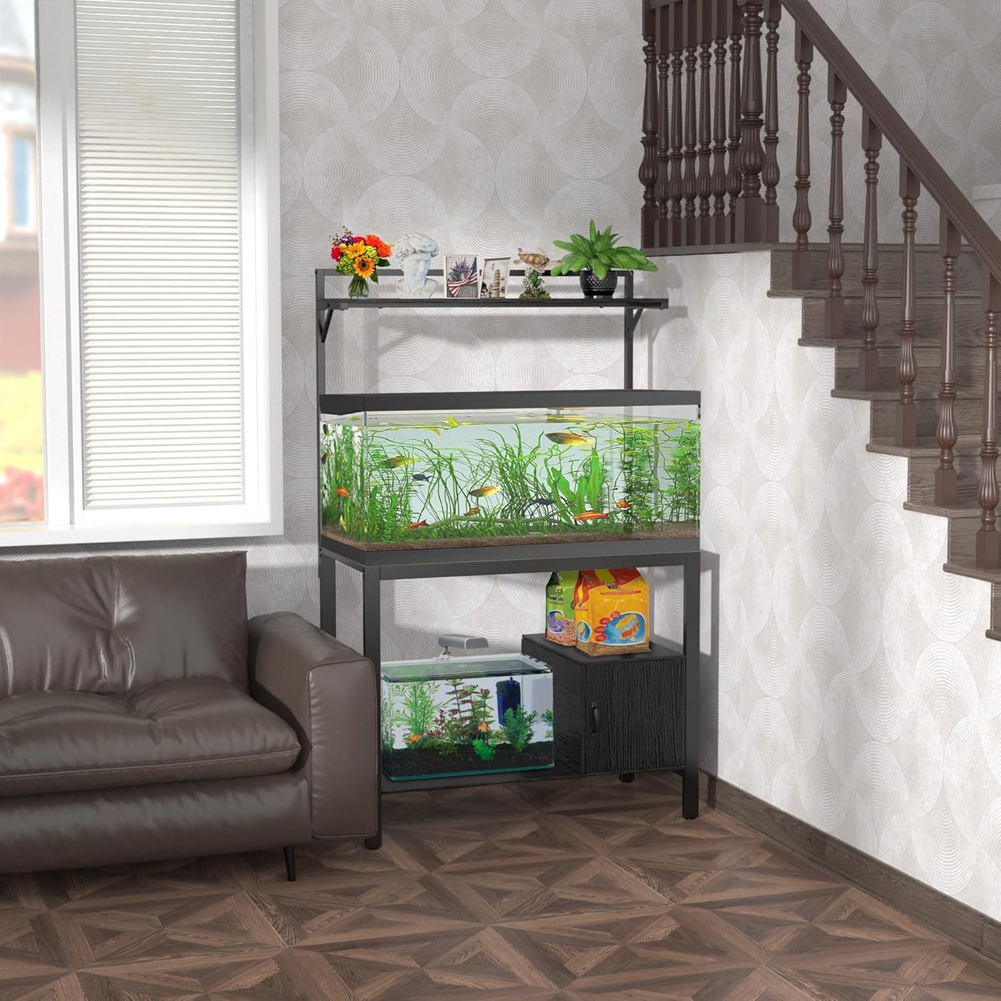 GDLF 40-50 Gallon Fish Tank Stand with Plant Shelf Metal Aquarium Stand with Cubby Storage 36.6" x 18.5" Tabletop fits Aquarium,Turtle Tank,or Reptile Terrariums