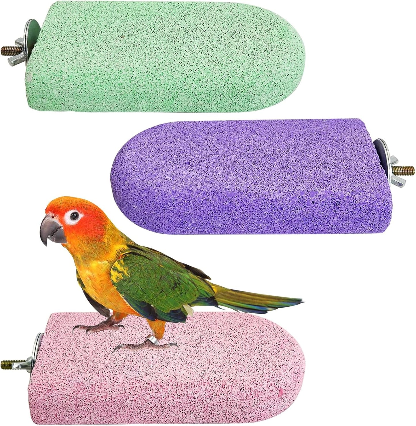 PINVNBY 3 PCS Bird Perches Calcium Parrot Perch Stand Bird Beak Grinding Stone Foot Claws Trimmer Multiple Colors Parakeets Chewing Toys Bird Cage Accessories for Budgie Cockatiel Conure Lovebird