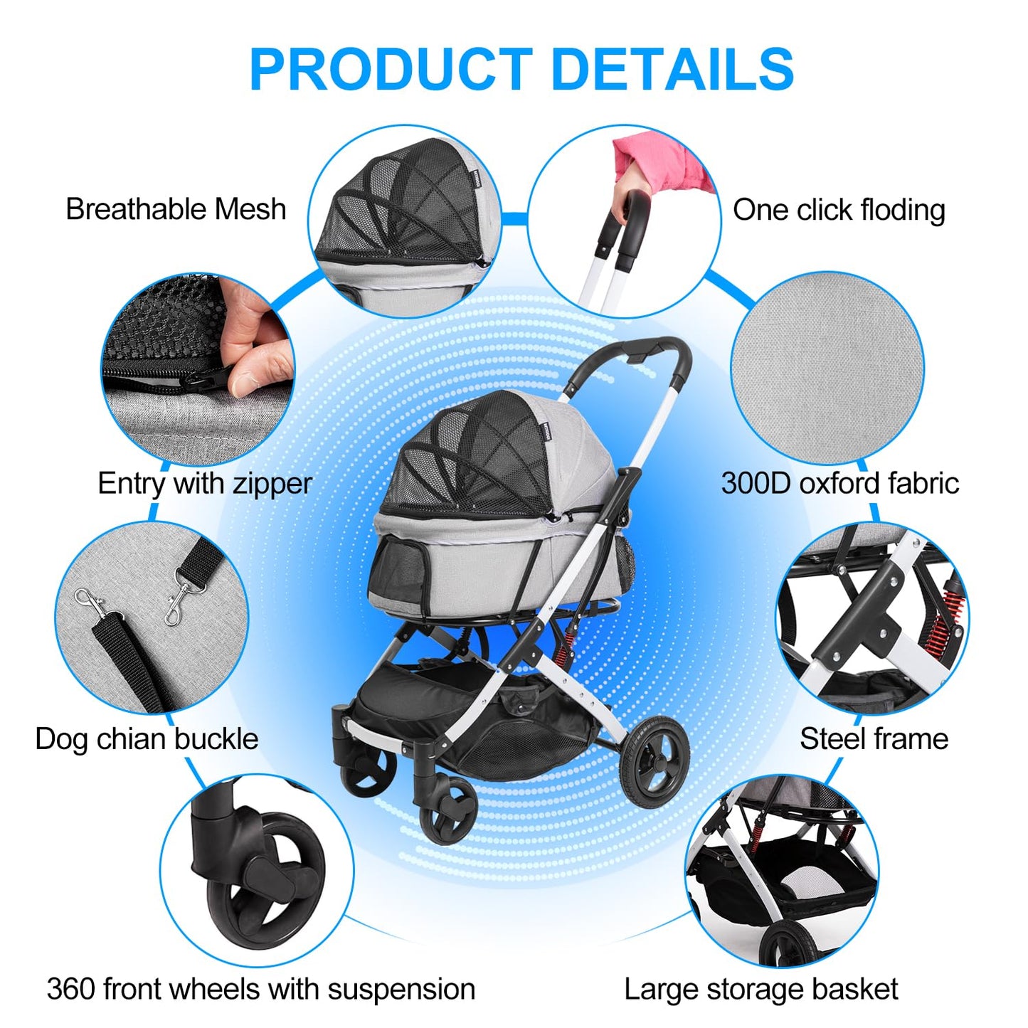Pet Stroller for Medium Small Dog & Cat, Foldable Lightweight Dog Stroller with Storage Basket Pet Travel Carriage with Safety Leashes, 4 Wheel, Gray