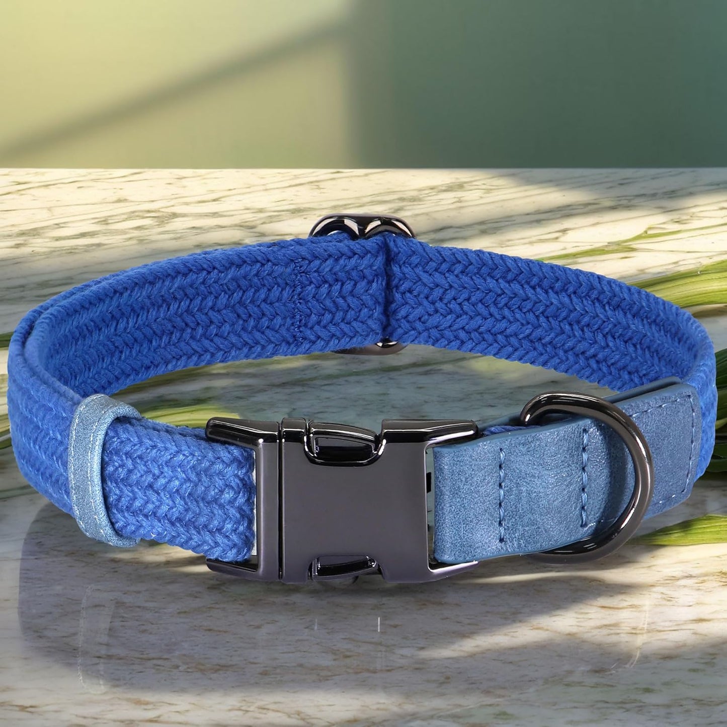 PET ARTIST Soft Cotton Dog Collars for Medium Dogs in Tranquil Blue, Simple Dog Collar with Quick Release Metal Buckle & D Ring, M Size (13-21")