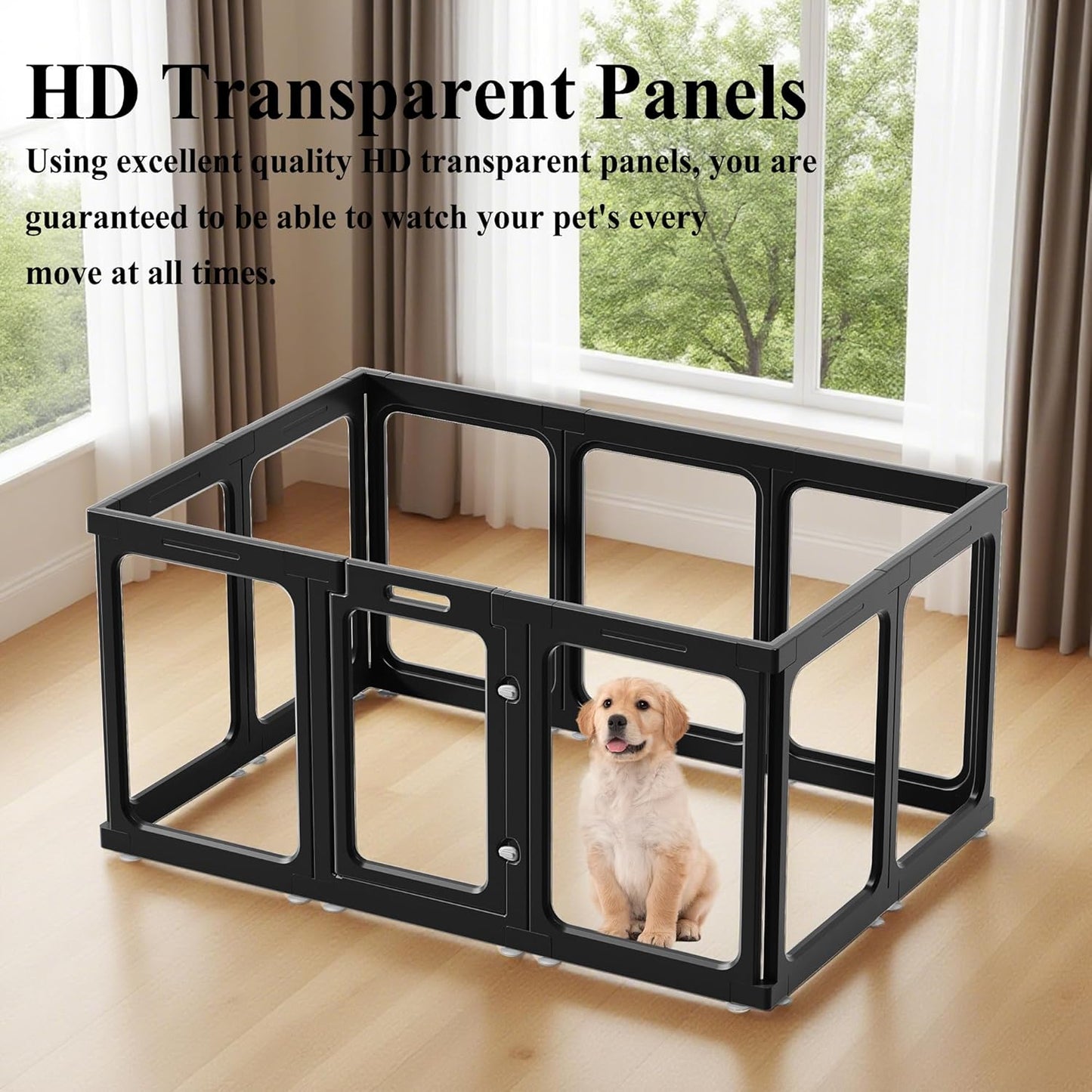 Clear Acrylic Dog Playpen with Door, for Puppy Cat Rabbit Transparent Pet Pen, Black Dog Playpen Indoor, Dog Fence, Easy Assemble & Cleaning Dog Pen for Small & Medium Dogs (23.6“ Height, 14PCS)