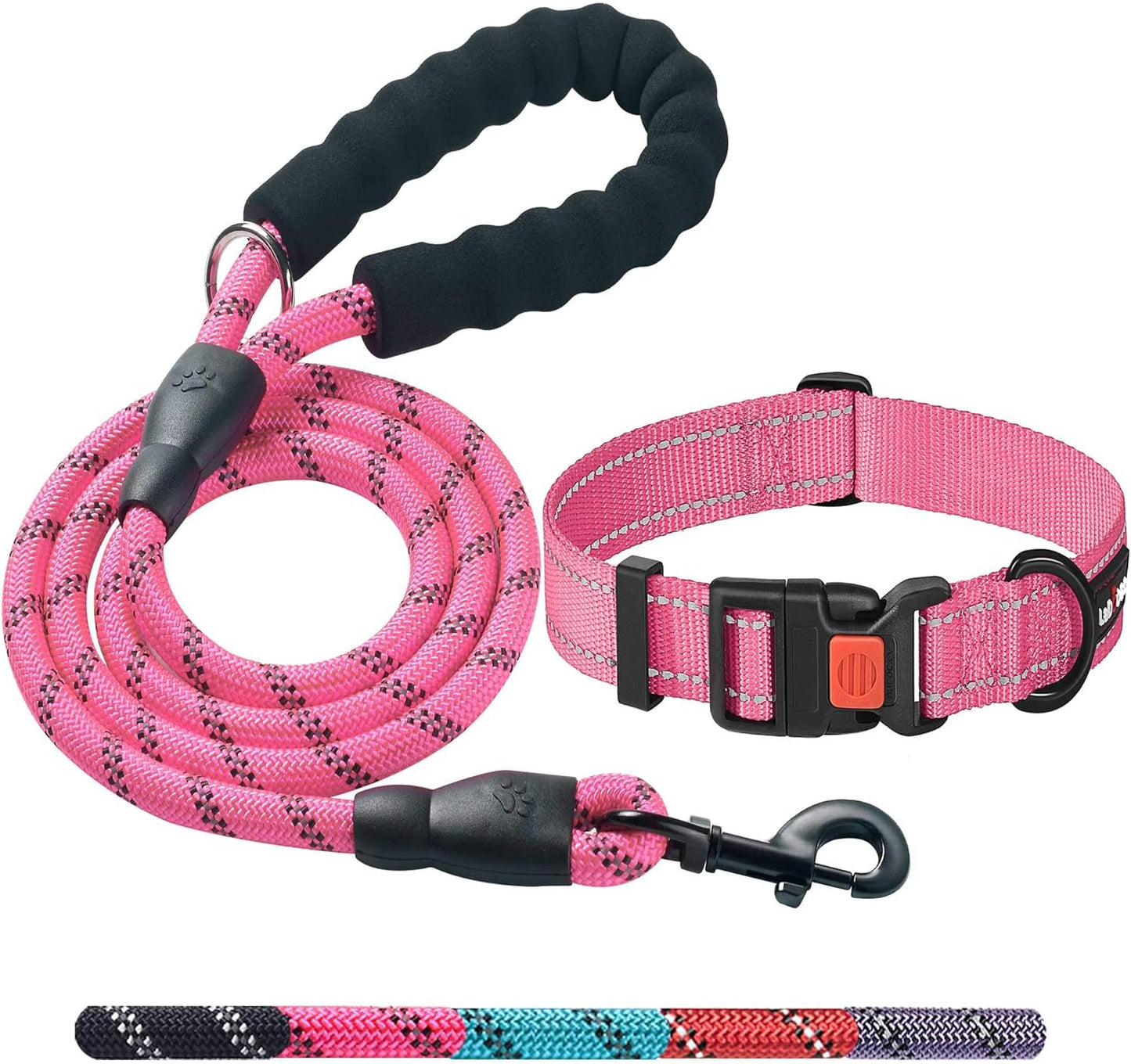 Heavy Duty Dog Leash - Comfortable Padded Handle, 5 ft Long - Dog Leashes for Small Medium Large Dogs (Leash+Collar XS Neck 10.5"-13.5", Pink)