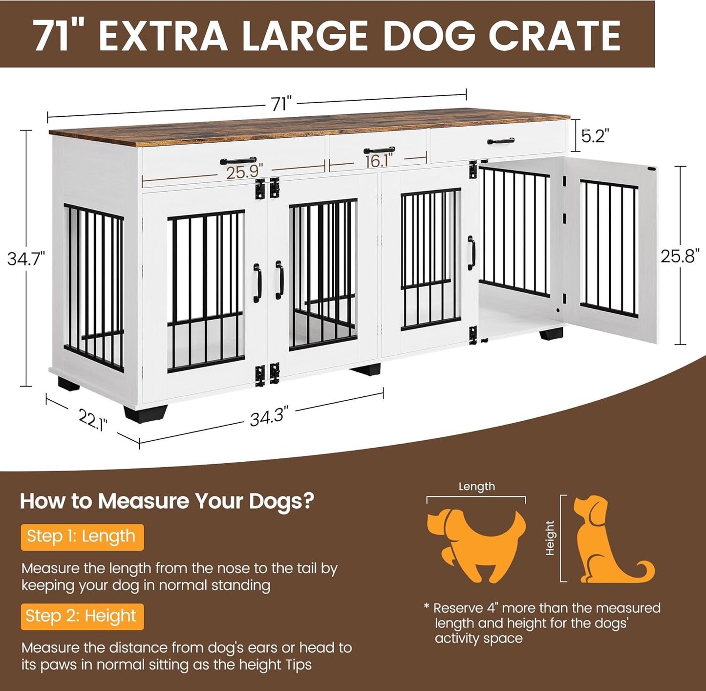71 Inch Dog Crate Furniture for 2 Rooms, Wooden Double Crate Large Breed with Door, Dog Kennel Indoor, TV Stand End Table with Divider for Large Medium Dogs,White/Brown