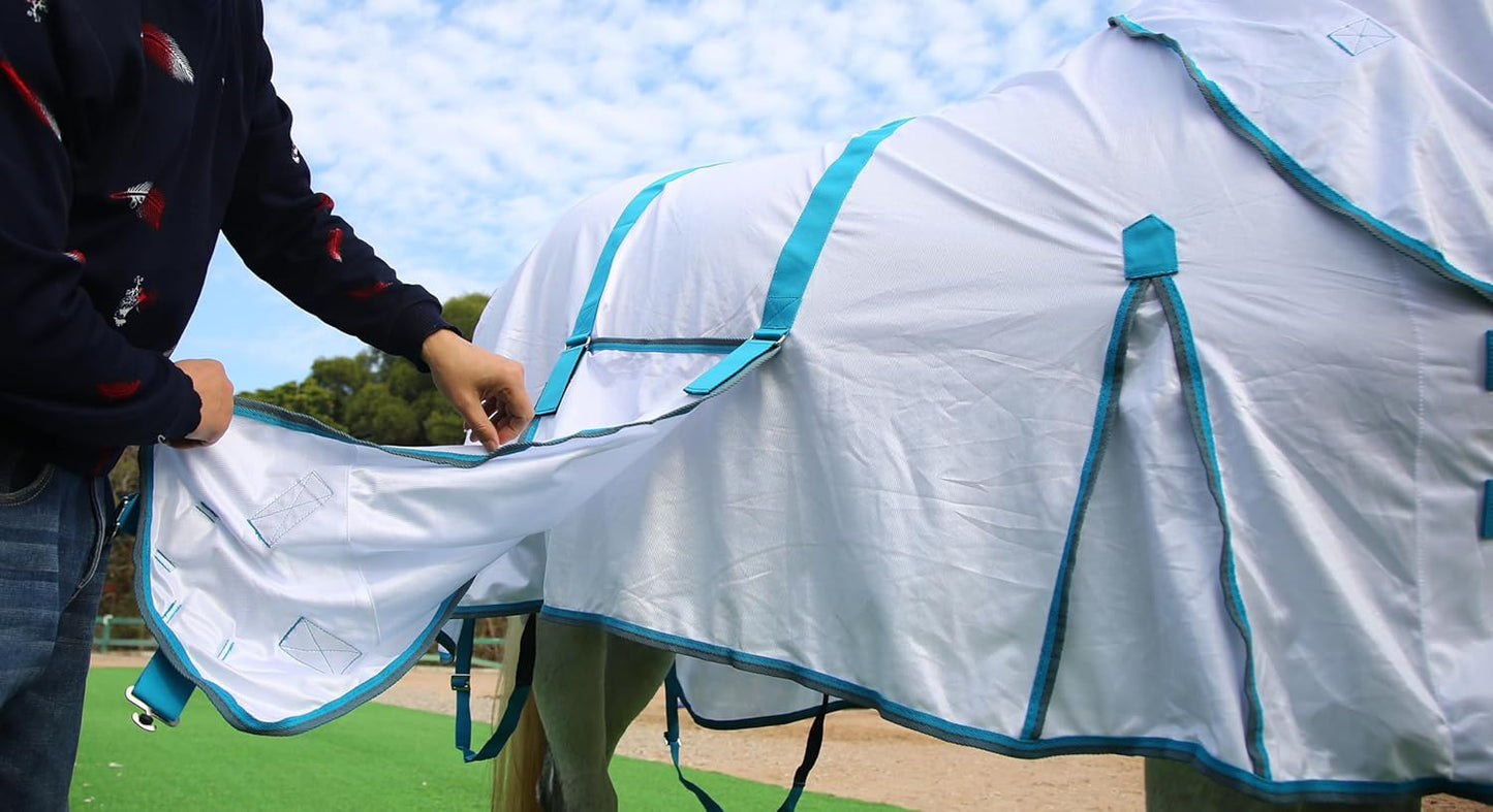 Horse Fly Sheet with Detachable Neck Cover & Belly Wrap, Adjustable Fly Sheet for Horses, Ventilated Airflow Mesh Equine Cooling Summer Flysheet White 66