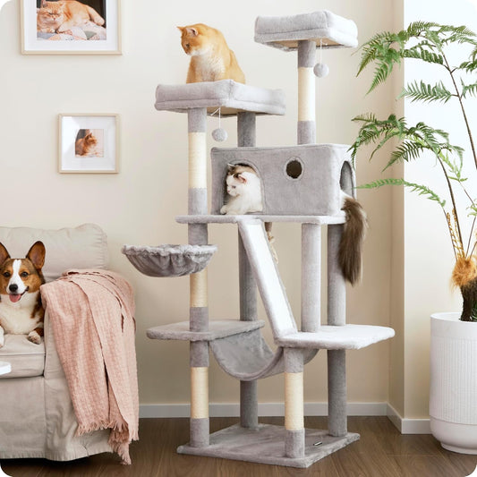 Ouritsu Cat Tree, 61 inch Tall Cat Tower for Large Cat Indoor, Enlarged Condo, 2 Padded Perches with 1 Widened, Large Hammock, Scratching Post and ramp, Fluffy Basket, Light Gray, LF002GA