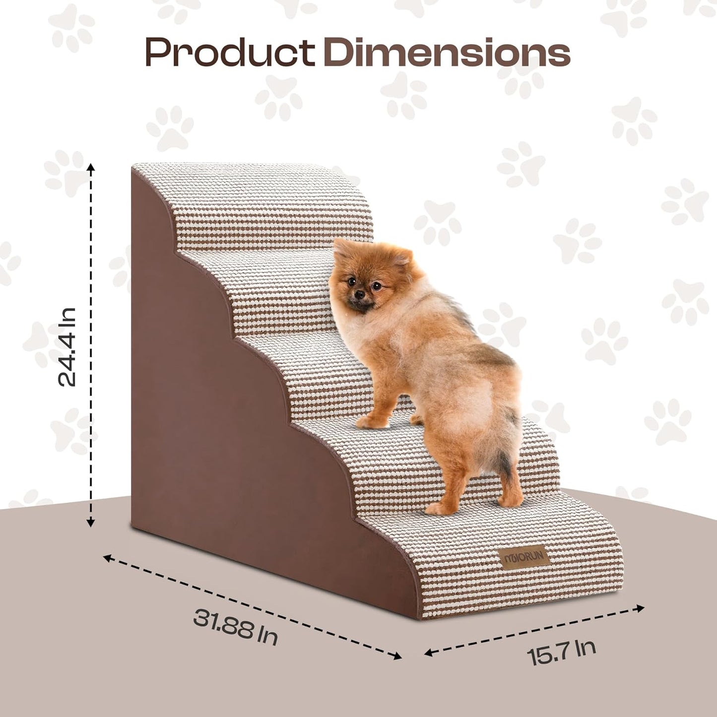 Curved Dog Stairs for High Bed Up to 26", 5-Step Dog Ramp for Small Dogs with Washable Cover, Non-Slip Steps for Cats to Get on Couch and Sofa, Durable Foam Ladder for Medium Breeds, White Coffee